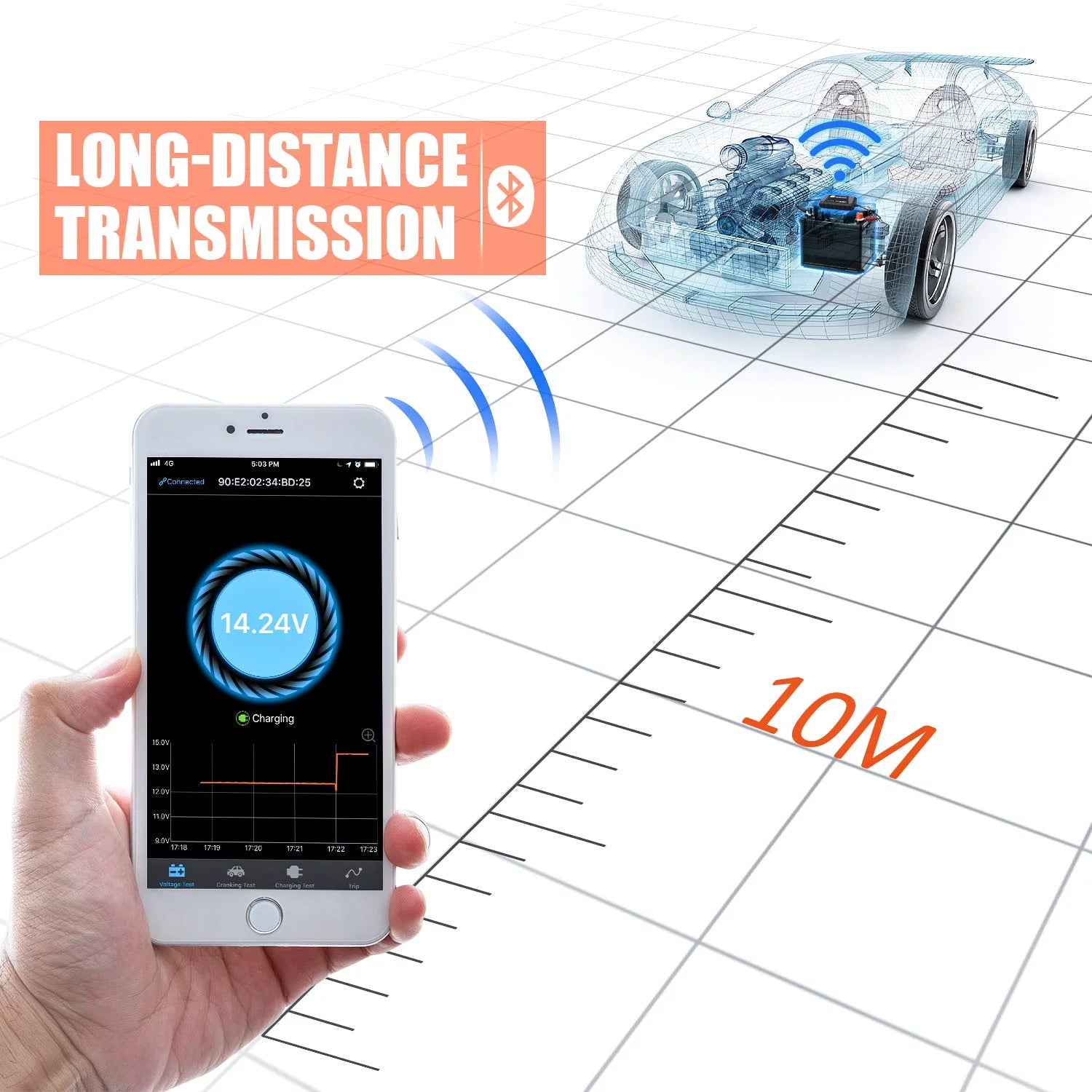 ANCEL BM300 Battery Monitor Bluetooth Voltmeter Automotive Battery Voltage Charging Cranking System Test with Alarm for All 12V Solar Power Systems/RVs/Motorcycles/Boats/Cars/Trucks