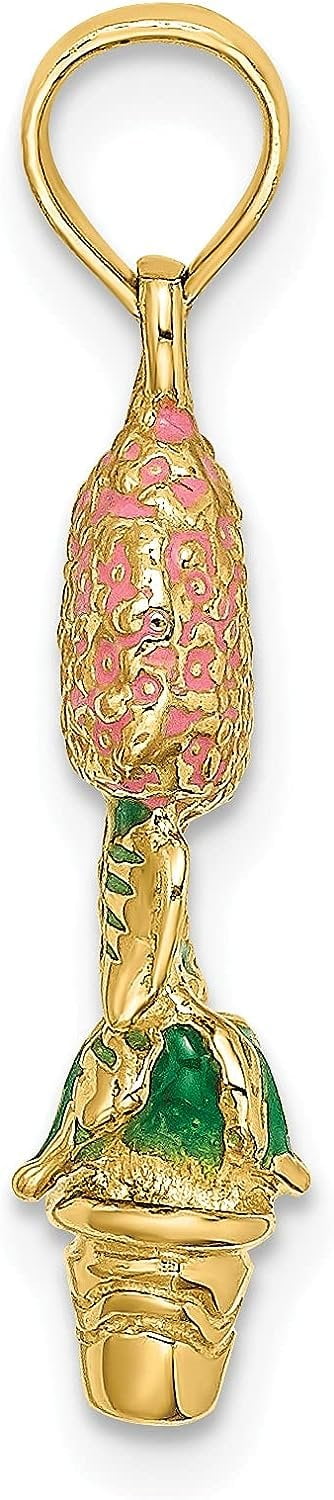 14K Yellow Gold 3-D Enameled Pink Hydrangea Flowers In Pot Charm - 24.3mm