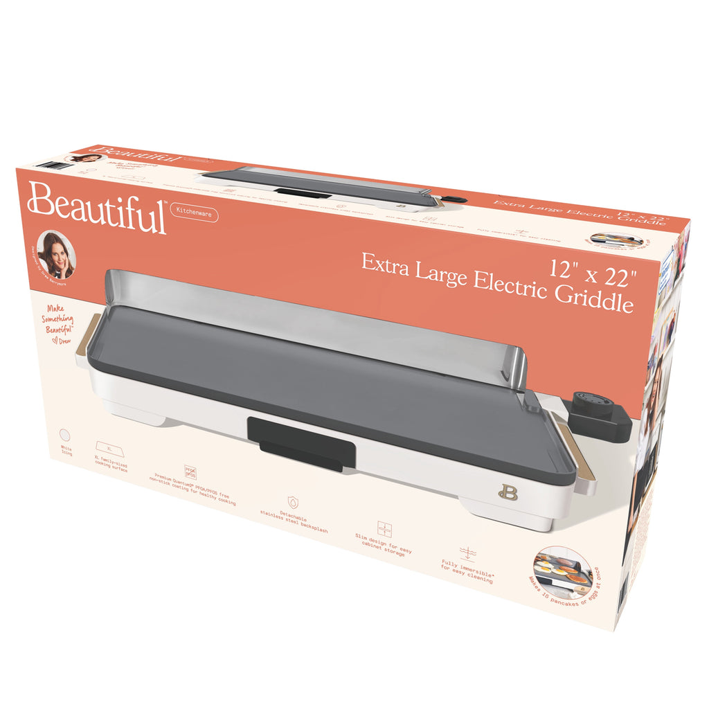 Beautiful XL Electric Griddle 12" x 22"- Non-Stick, White Icing by Drew Barrymore
