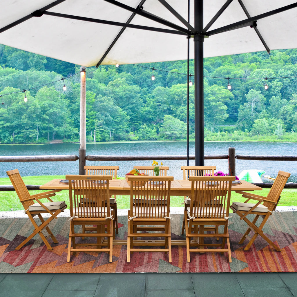 9 Piece Teak Wood West Palm Patio Dining Set with Rectangular Extension Table, 2 Folding Arm Chairs and 6 Folding Side Chairs