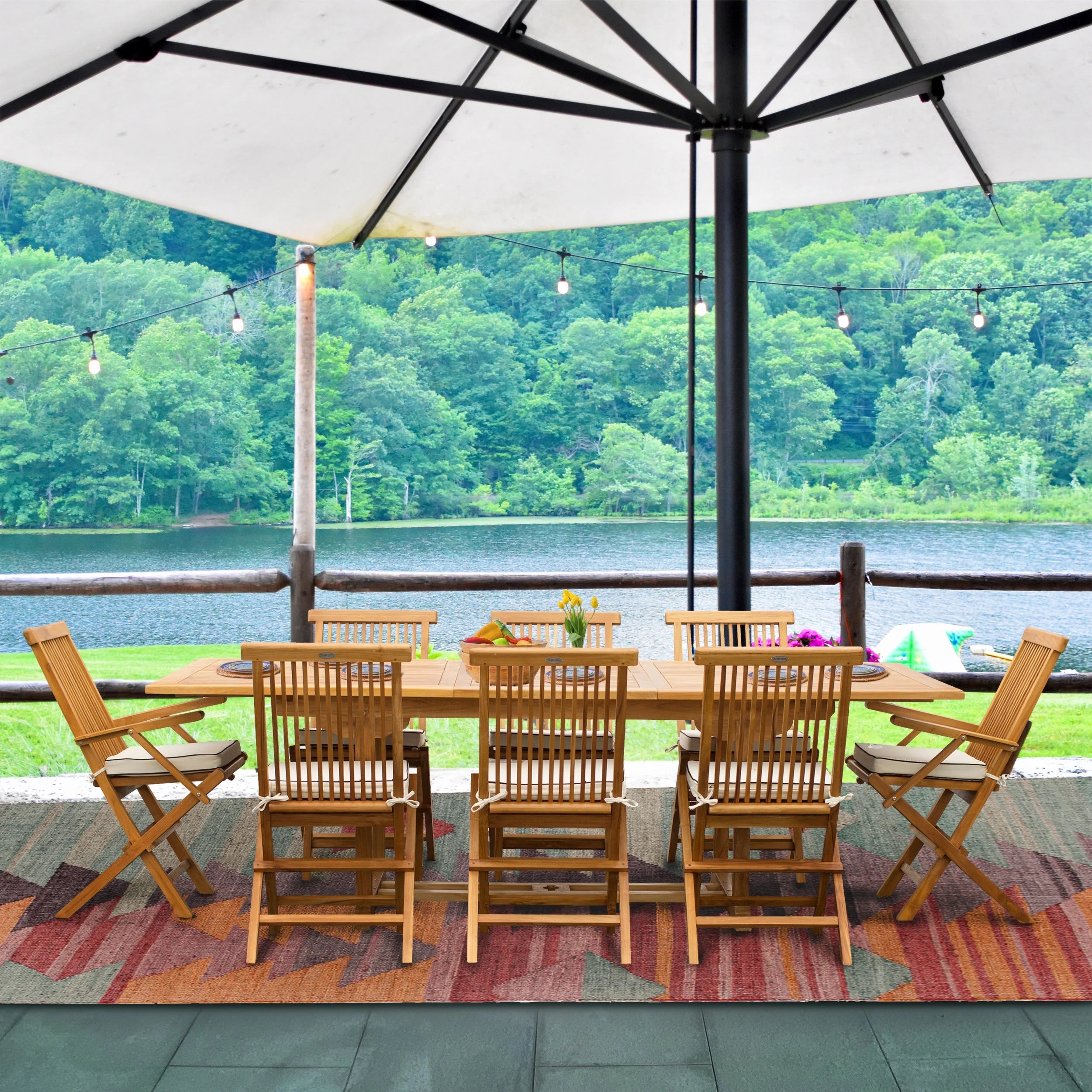 9 Piece Teak Wood West Palm Patio Dining Set with Rectangular Extension Table, 2 Folding Arm Chairs and 6 Folding Side Chairs