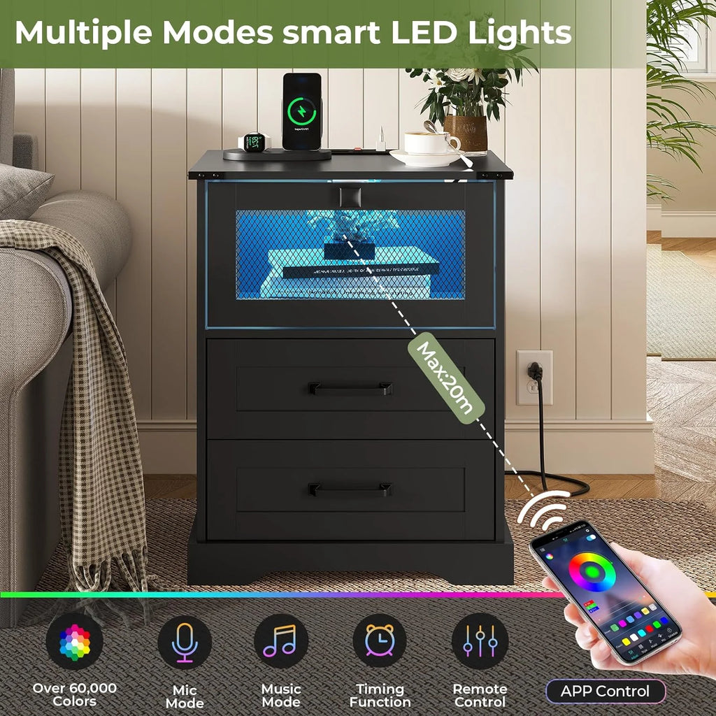 2 Drawers Nightstand with LED Light and Plug Charging Station, Farmhouse End Side Table with 2 Drawers and Open Cubby, Bedside Table for Bedroom,Black