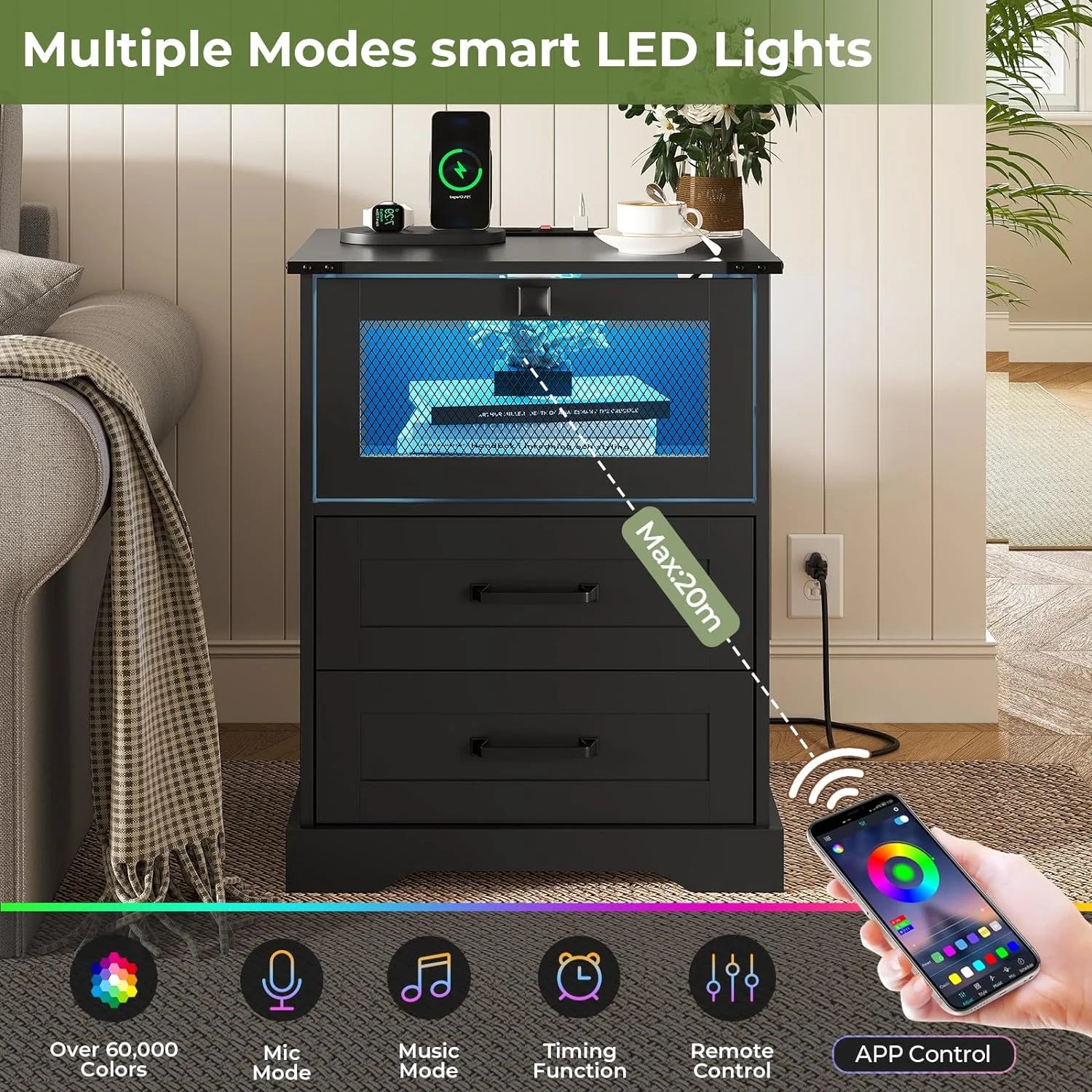 2 Drawers Nightstand with LED Light and Plug Charging Station, Farmhouse End Side Table with 2 Drawers and Open Cubby, Bedside Table for Bedroom,Black