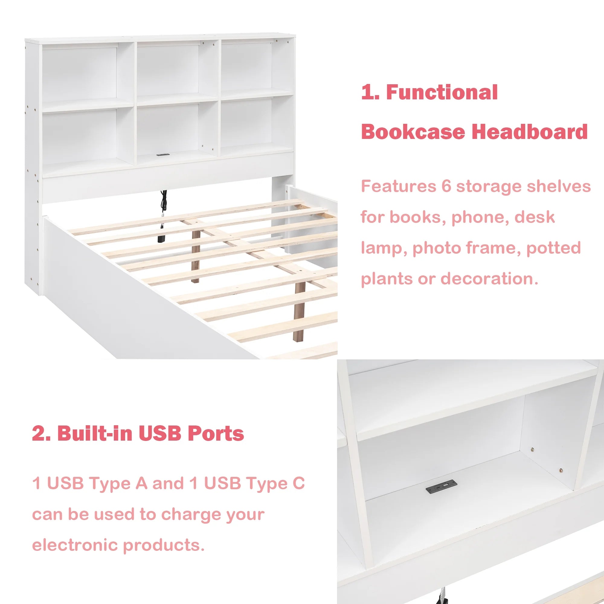 Bellemave Full Size Platform Bed With 2 Drawers and Storage Headboard Full Storage Platform Bed with USB Charging Port and Wooden Slats for Kids, Teens, Adult, no Box Spring Needed, White