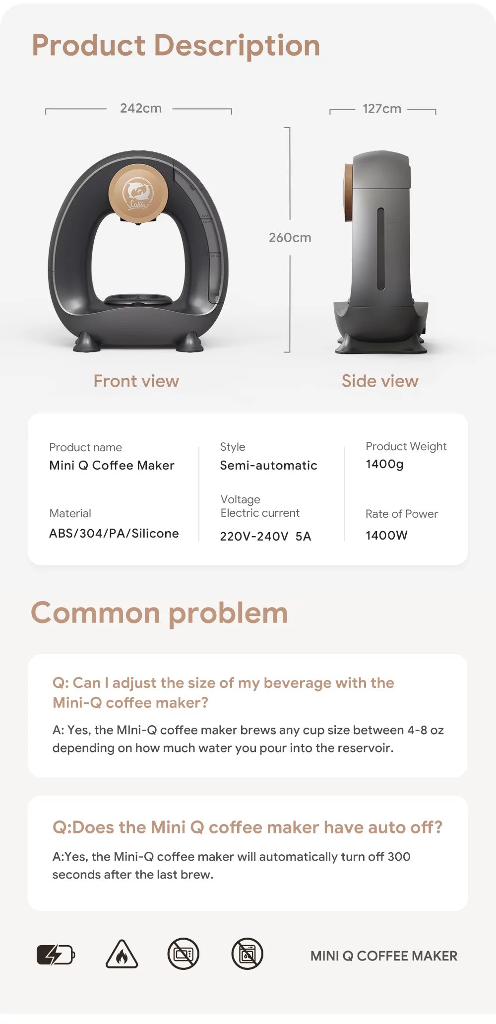 "iCafilas" Mini Q Coffee Maker One Cup 120ML/240ML Coffee Machine Portable American Coffee Maker Your Own Barista Semi-Automatic 1400W Coffee Maker Mini Personal Coffee Maker