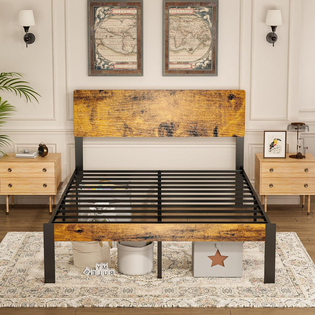 Bed Frame with Wooden Headboard and Footboard, Metal Platform Bed Frame with Strong Steel Slat Support, Mattress Foundation/No Box Spring Needed/Non-Slip/Noise Free (Queen)