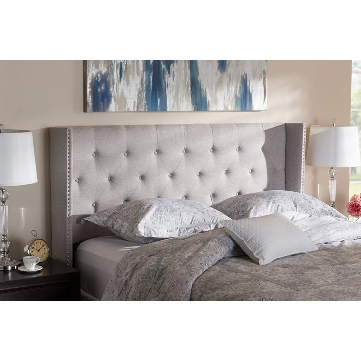 Baxton Studio Ally Modern And Contemporary Grayish Beige Fabric Button-Tufted Nail head King Size Winged Headboard
