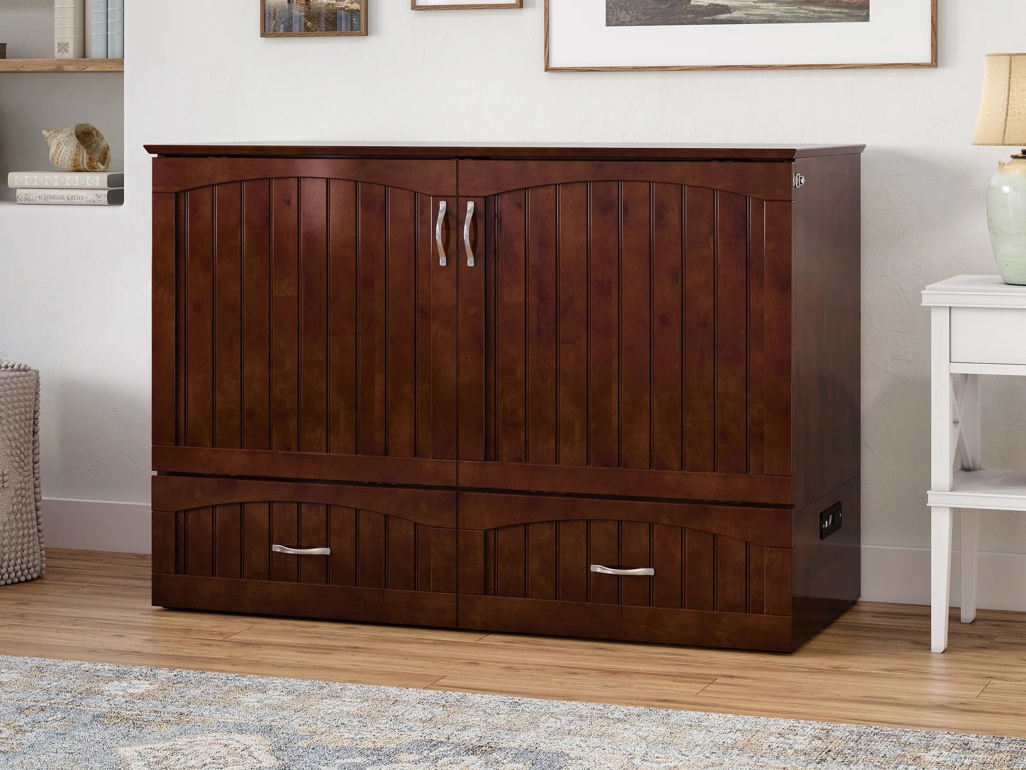 AFI Southampton Full Wood Murphy Bed Chest with Mattress, Drawer & Charger in Walnut