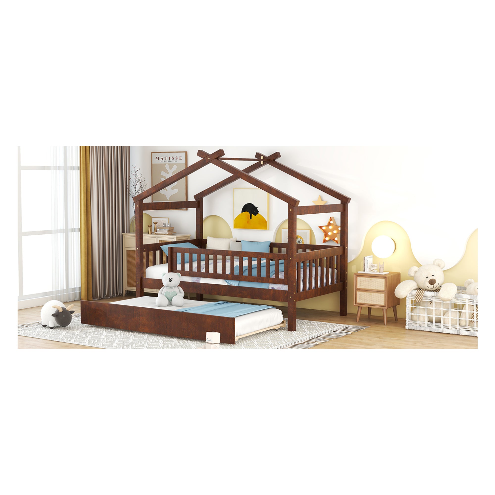 "Twin-Size Wooden House-Shaped Bed with Matching Twin-Size Trundle in Elegant Walnut Finish"