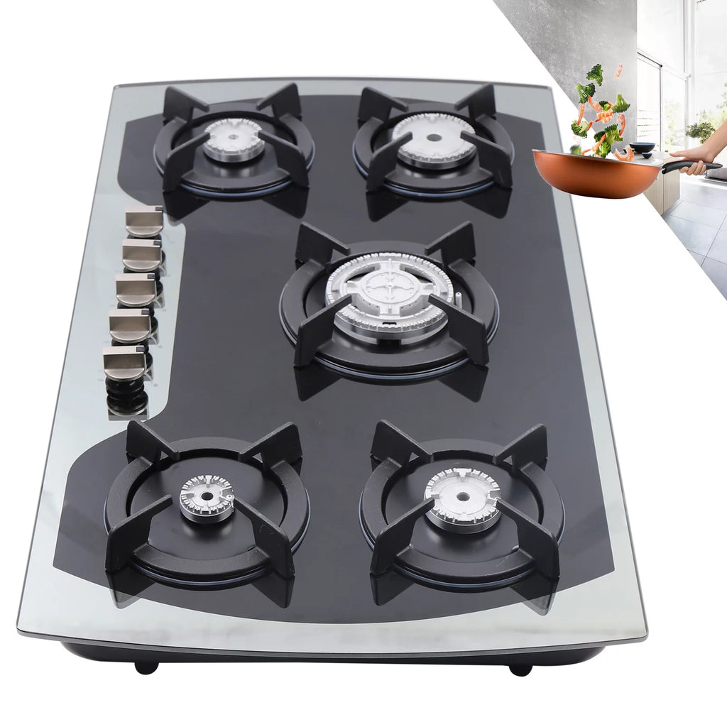 35 Inch Built-in Gas Cooktop 5 Burners Gas Stove Gas Hob Stovetop Stainless Steel Cooktop Cast Iron Grates, Black