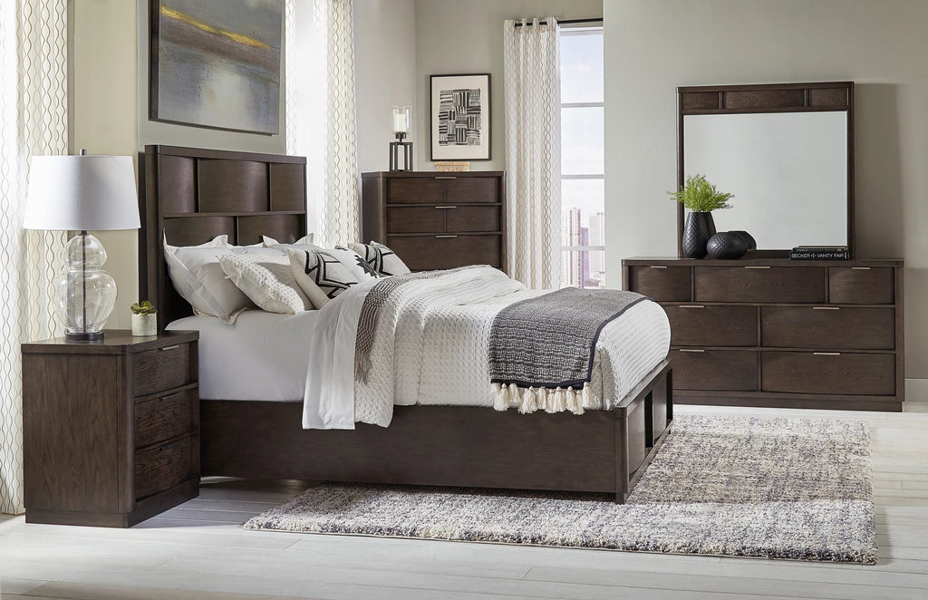 Belani Wood Panel Bed Set, King Bed, Dresser, Mirror, Nightstand, Chest, Espresso