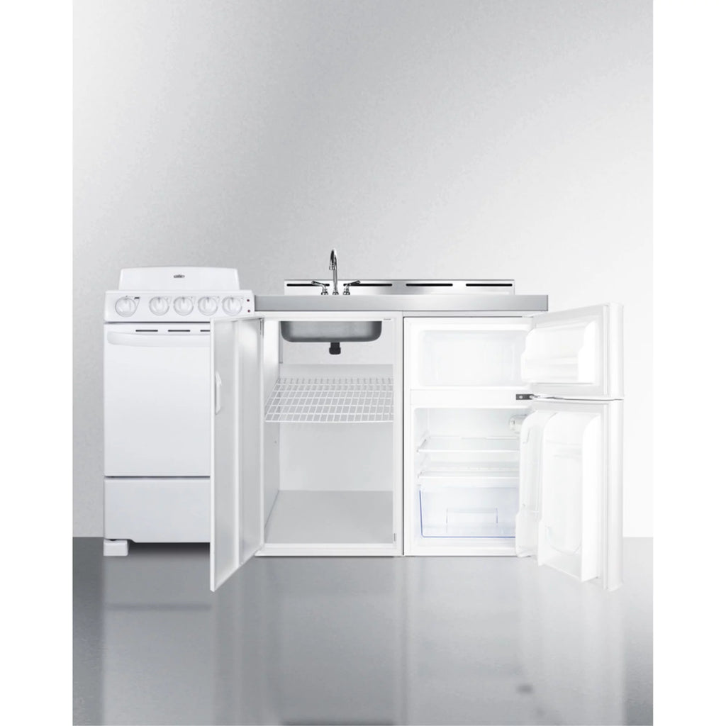 All-in-one combination kitchenette with refrigerator-freezer, sink, storage cabinet, and coil range