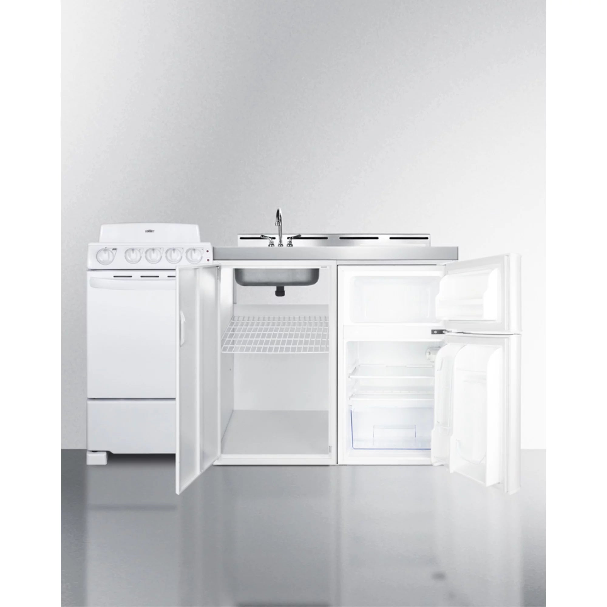All-in-one combination kitchenette with refrigerator-freezer, sink, storage cabinet, and coil range