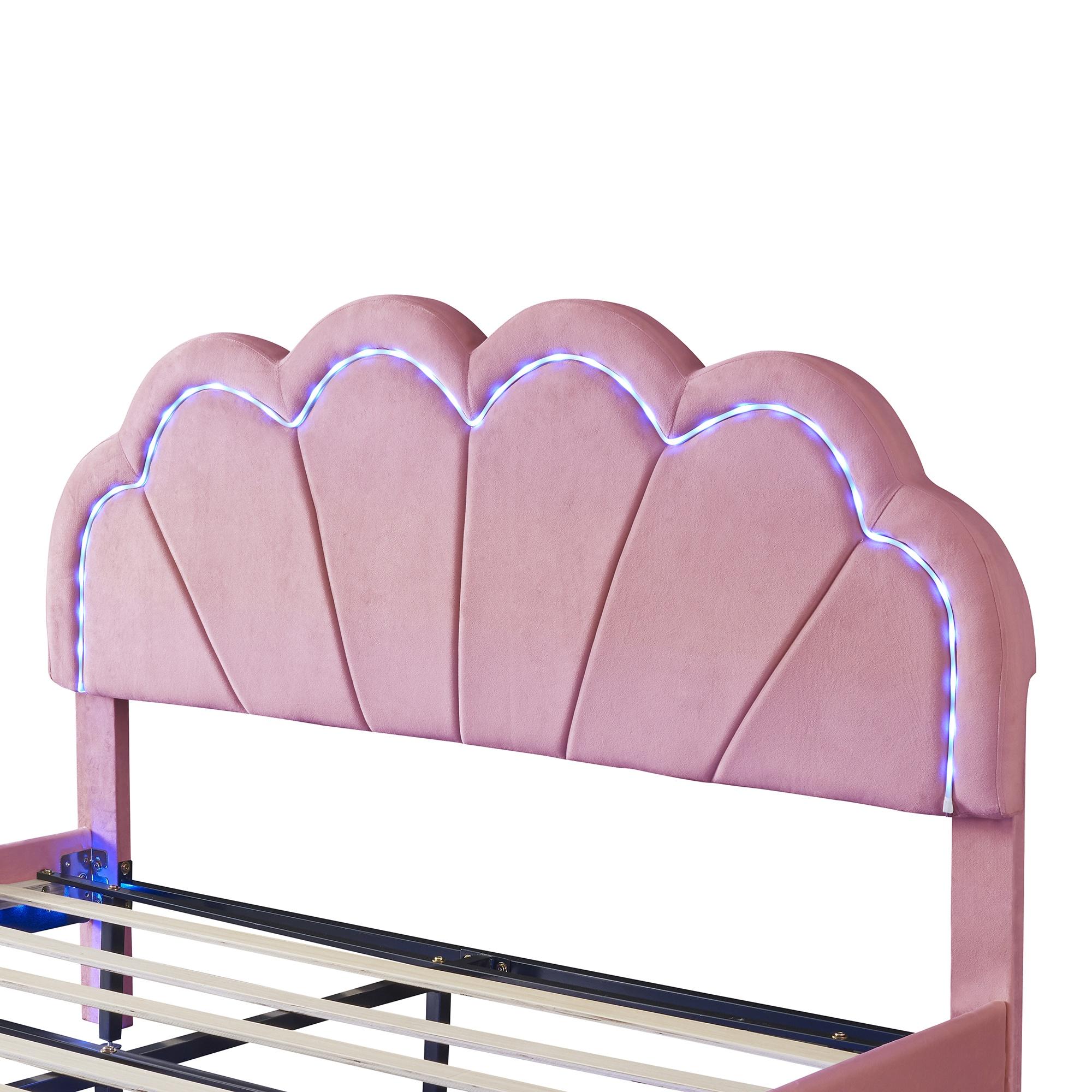 Bellemave Queen Size LED Floating Bed Frame, Pink Upholstered Platform Bed with Flowers Headboard, Modern Velvet Cloud Beds with Light for Kids Girls Boys Teens Adults（Pink)