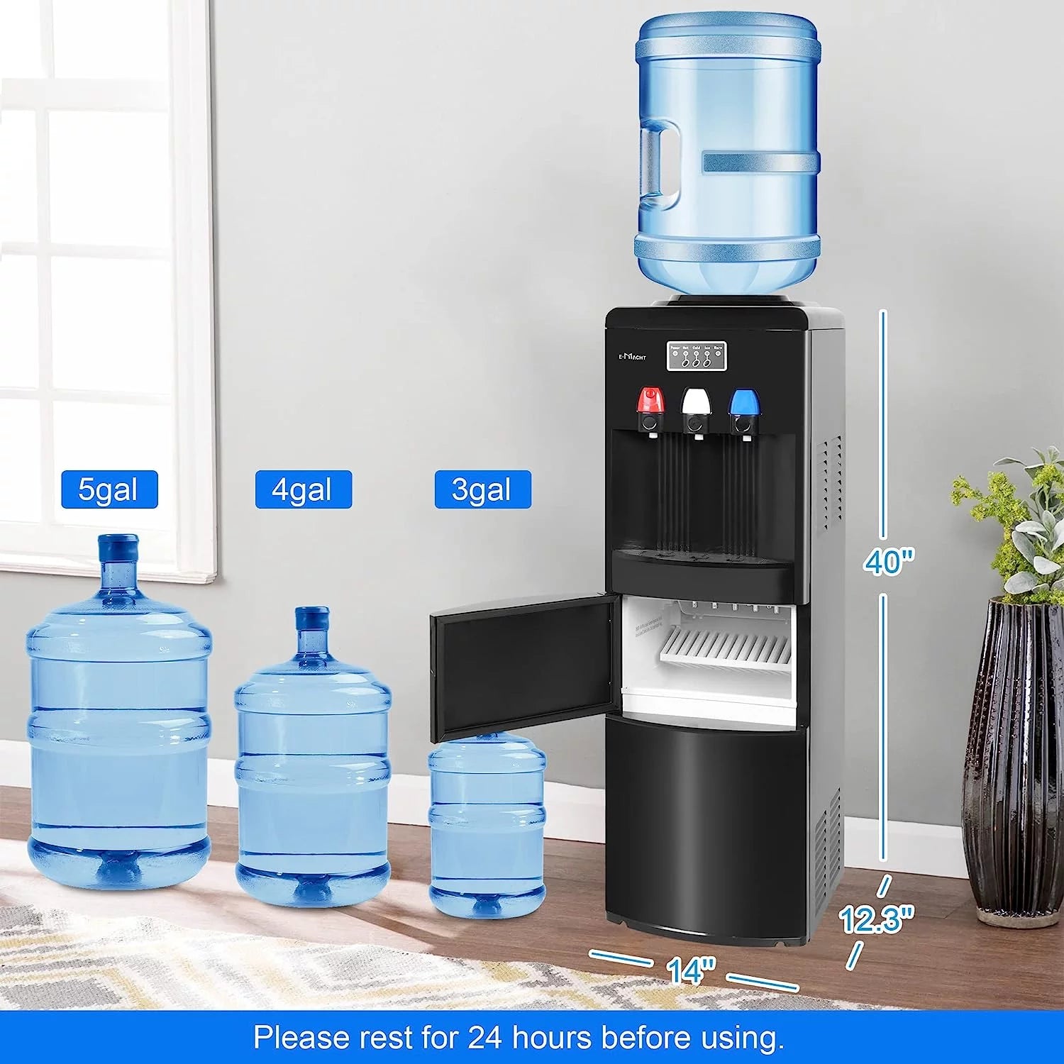 2-in-1 Water Cooler Dispenser with Built-in Ice Maker Machine, Water Dispense for 3-5 Gallon Water Bottles, ETL Approved Stainless Steel Water Dispense with Hot & Cold Water, Child Safety Lock, Black