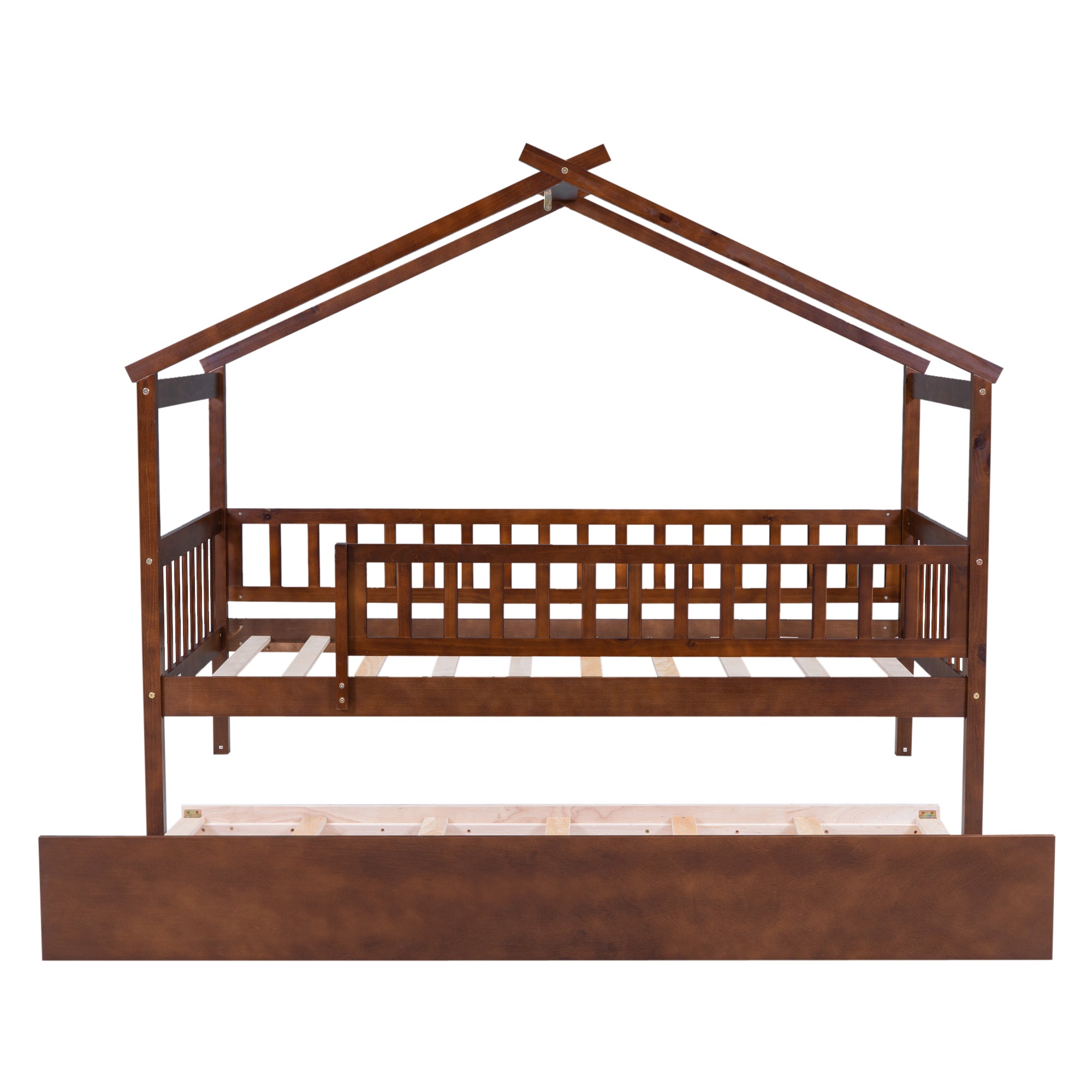 "Twin-Size Wooden House-Shaped Bed with Matching Twin-Size Trundle in Elegant Walnut Finish"