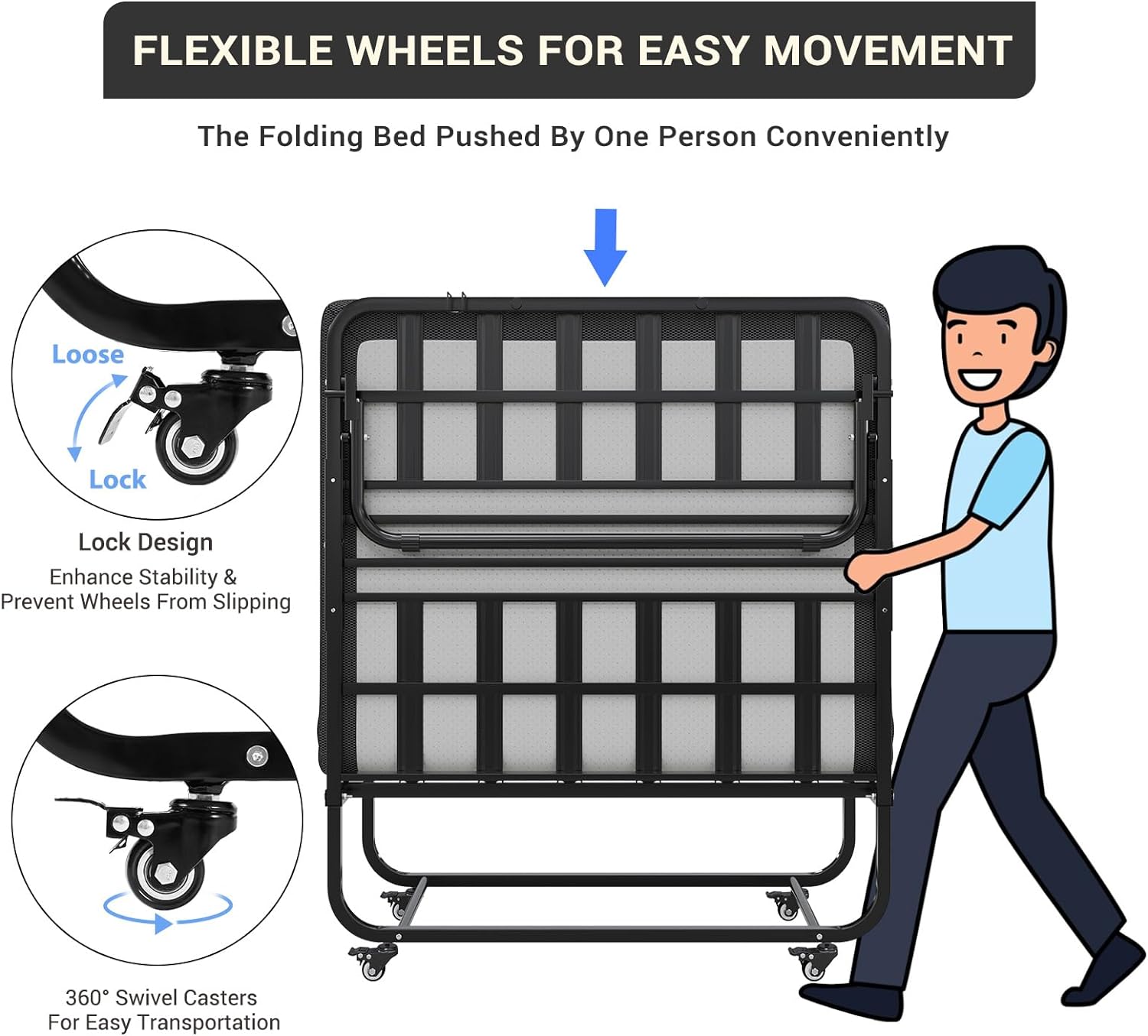 Afuhokles Folding Bed with Mattress, 75 x 38 Twin Size Portable Foldable Guest Bed with Wheels - 5'' Luxurious Memory Foam Mattress