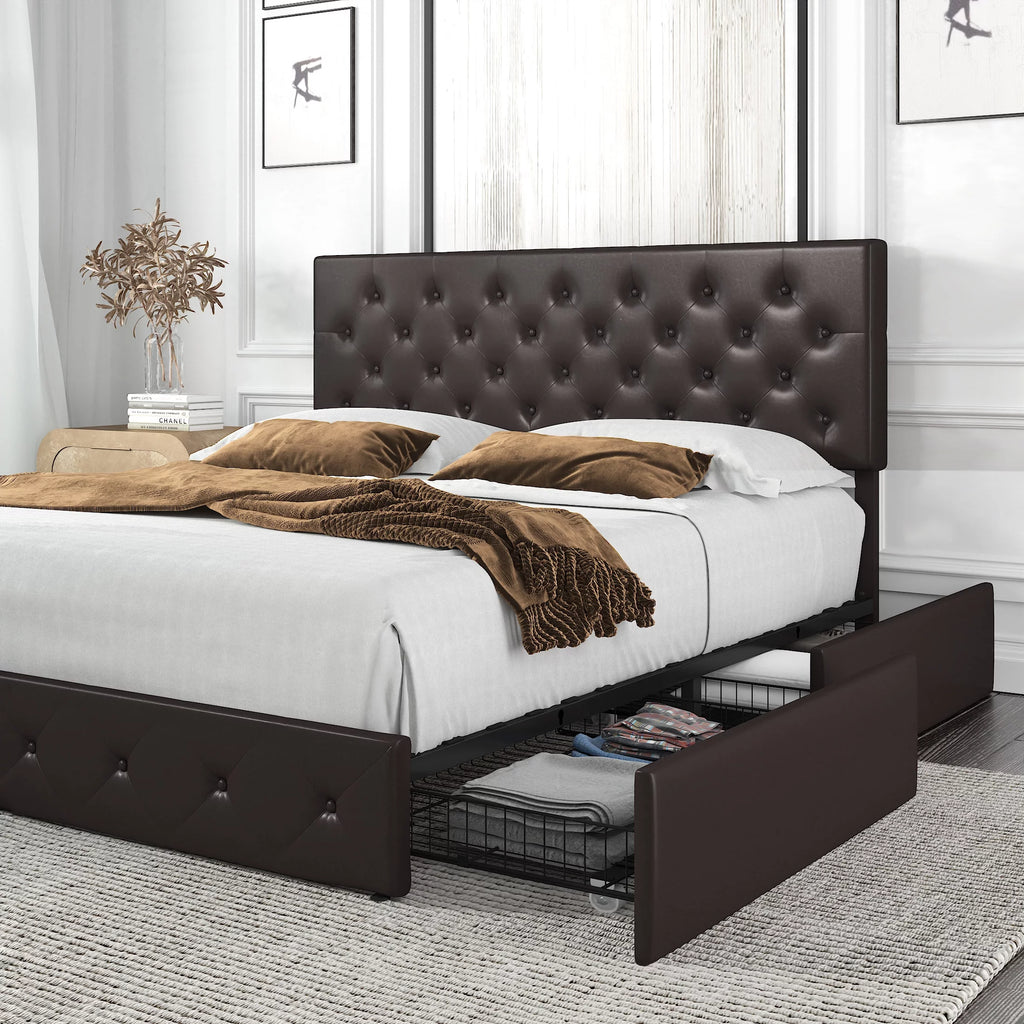 Amolife King Size Faux Leather Platform Bed Frame with 4 Storage Drawers, Button Tufted Style, Black Brown