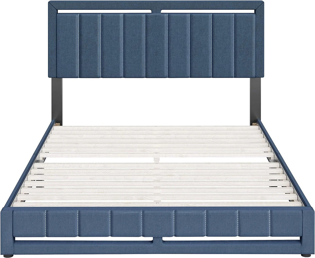 Beaumont Upholstered Platform Bed With Headboard, Mattress Foundation With Strong 14 Wood Slat Supports, No Box Spring Required, Blue Linen, Size King