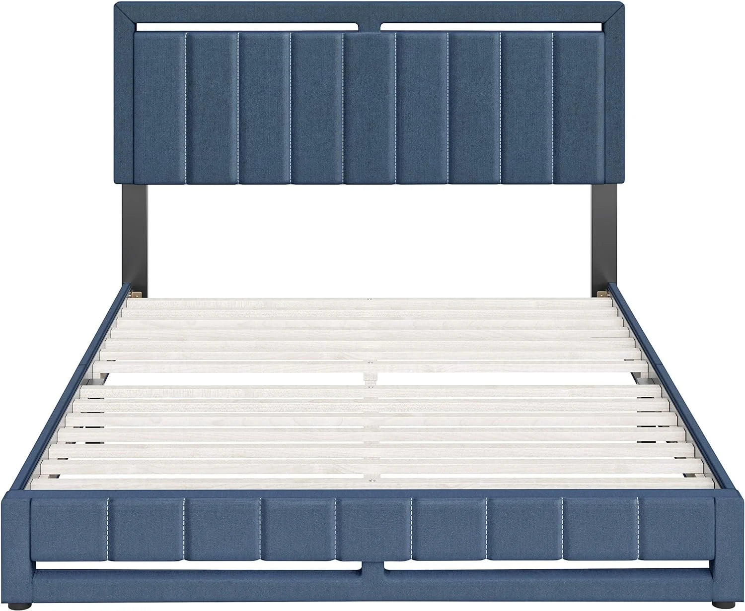 Beaumont Upholstered Platform Bed With Headboard, Mattress Foundation With Strong 14 Wood Slat Supports, No Box Spring Required, Blue Linen, Size King