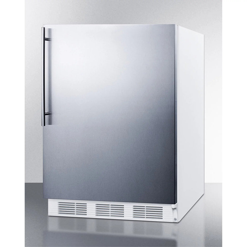 ADA compliant built-in undercounter refrigerator-freezer for residential use, cycle defrost w/deluxe interior, SS door, thin handle, and white cabinet
