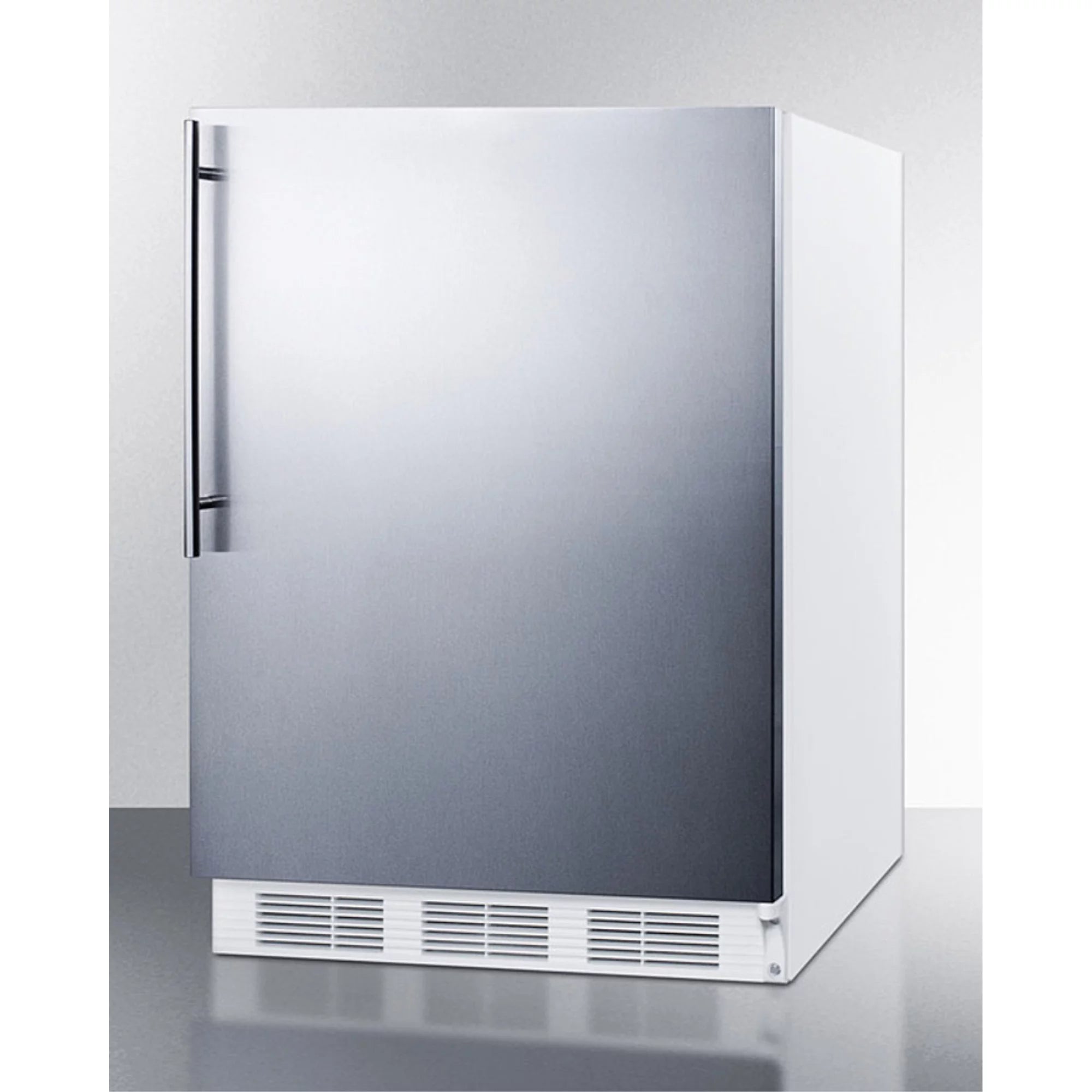 ADA compliant built-in undercounter refrigerator-freezer for residential use, cycle defrost w/deluxe interior, SS door, thin handle, and white cabinet