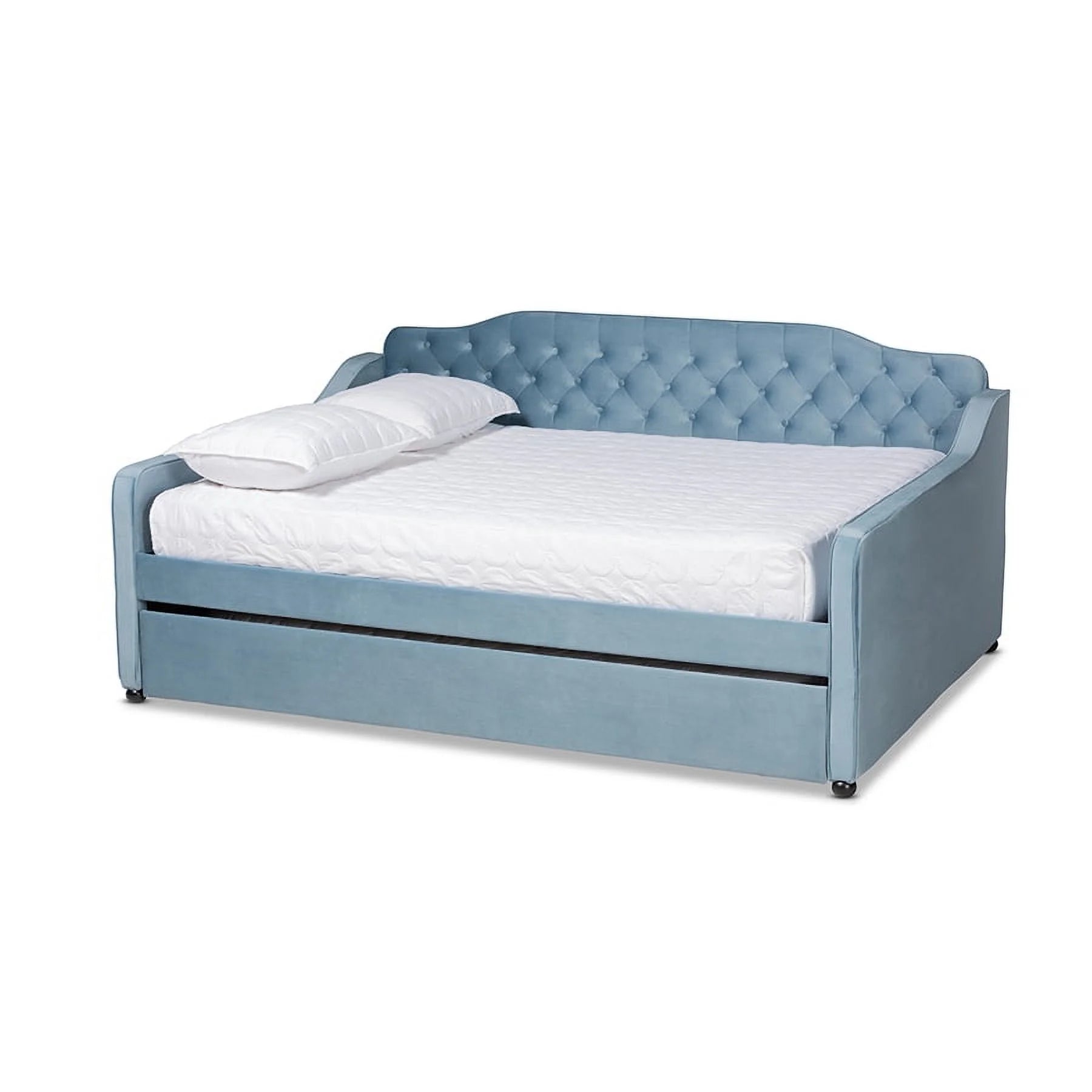 Baxton Studio Freda-Light Blue Velvet-Daybed-F-T Transitional & Contemporary Fabric Upholstered & Button Tufted Daybed With Trundle, Light Blue Velvet - Full Size