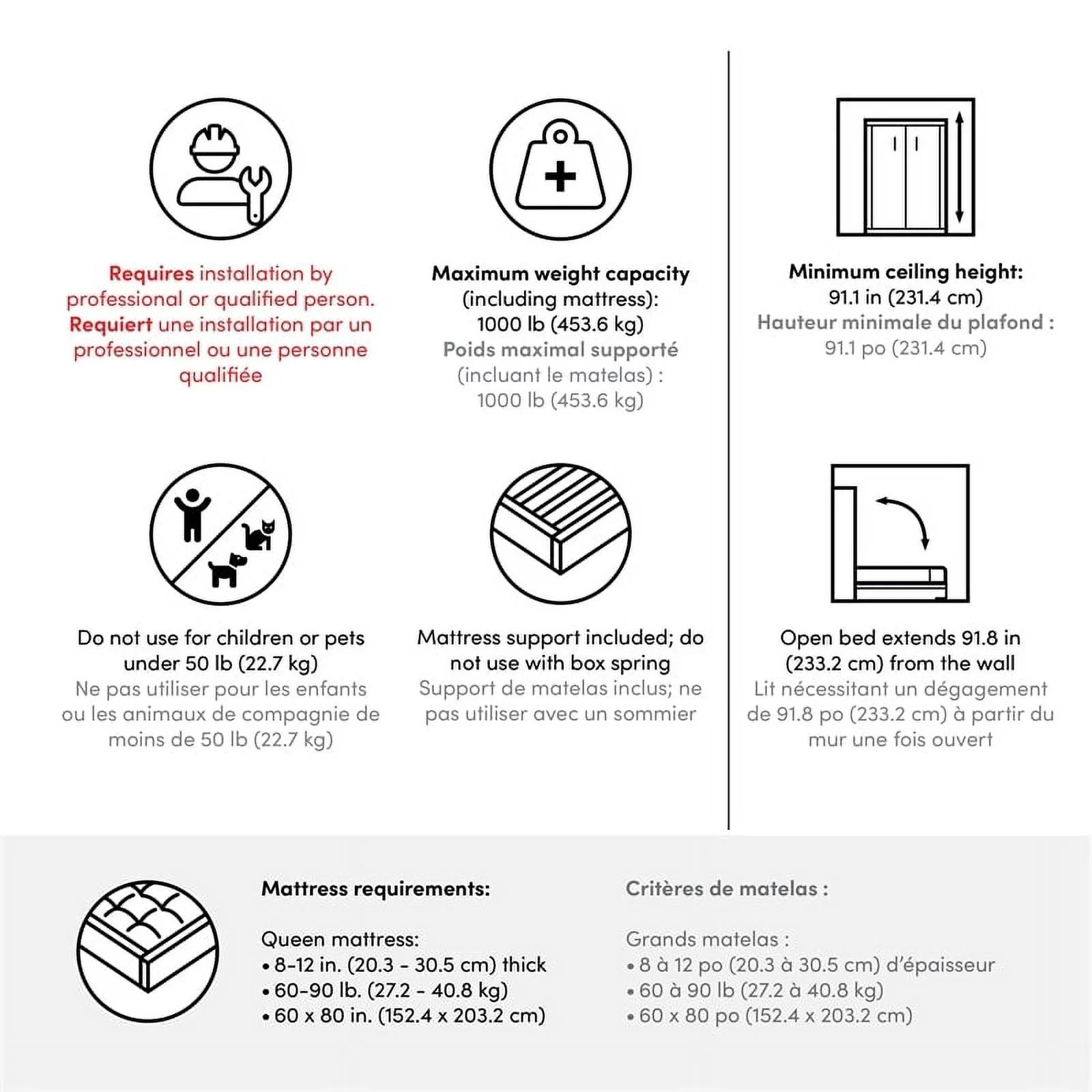 Atlin Designs 90" Engineered Wood Queen Wall Bed Kit in White