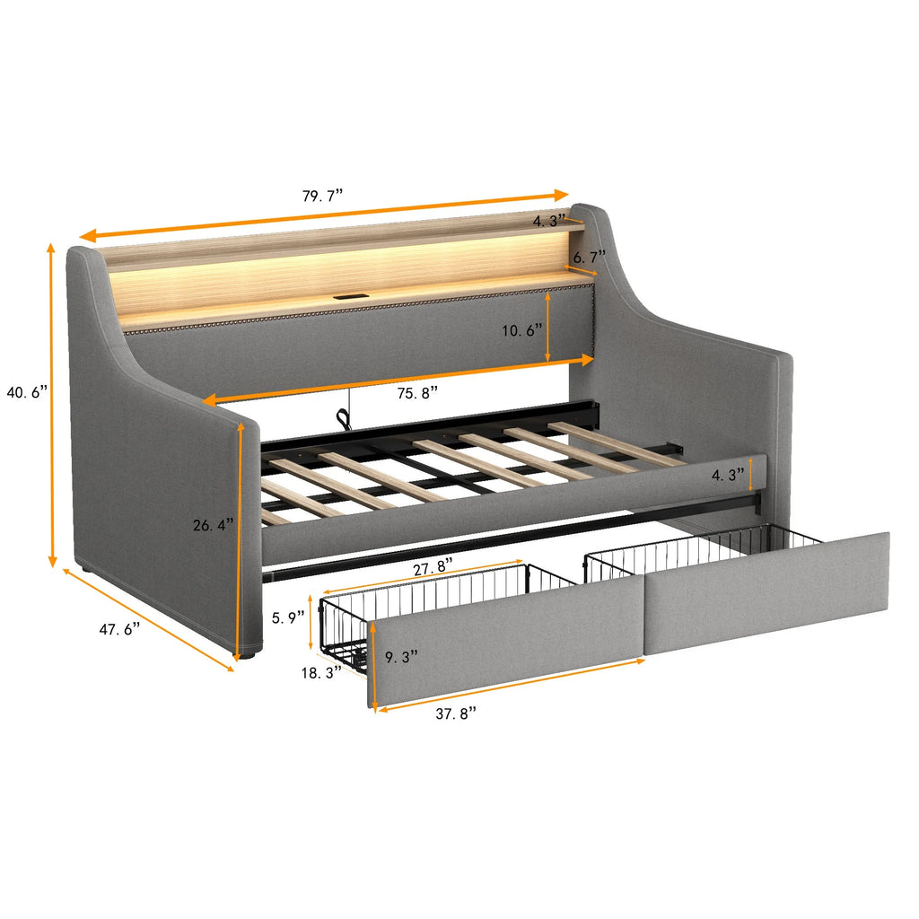 Belin Twin Size Daybed  with Charging Station and LED - Gray