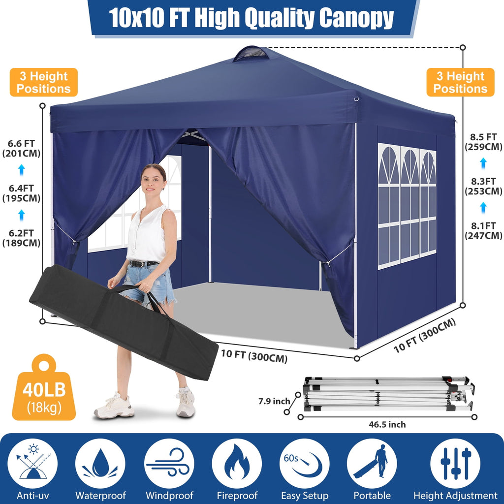 10'x10' EZ Pop Up Canopy with Top Vent, Large Commercial Tent, Waterproof and Sunproof with 4 Removable Sidewalls, Suitable for Weddings come with 4 Sandbags (Black)