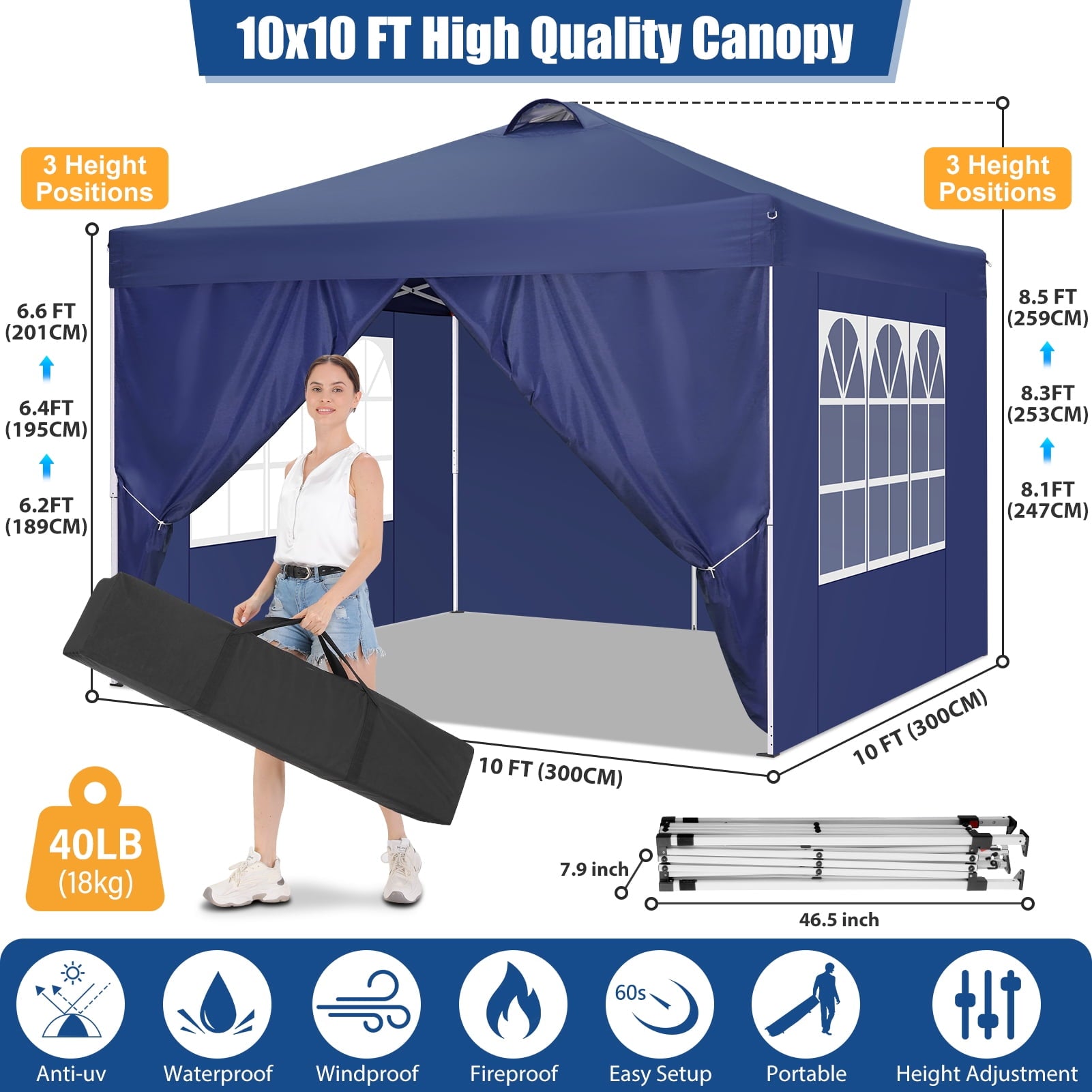 10'x10' EZ Pop Up Canopy with Top Vent, Large Commercial Tent, Waterproof and Sunproof with 4 Removable Sidewalls, Suitable for Weddings come with 4 Sandbags (Black)