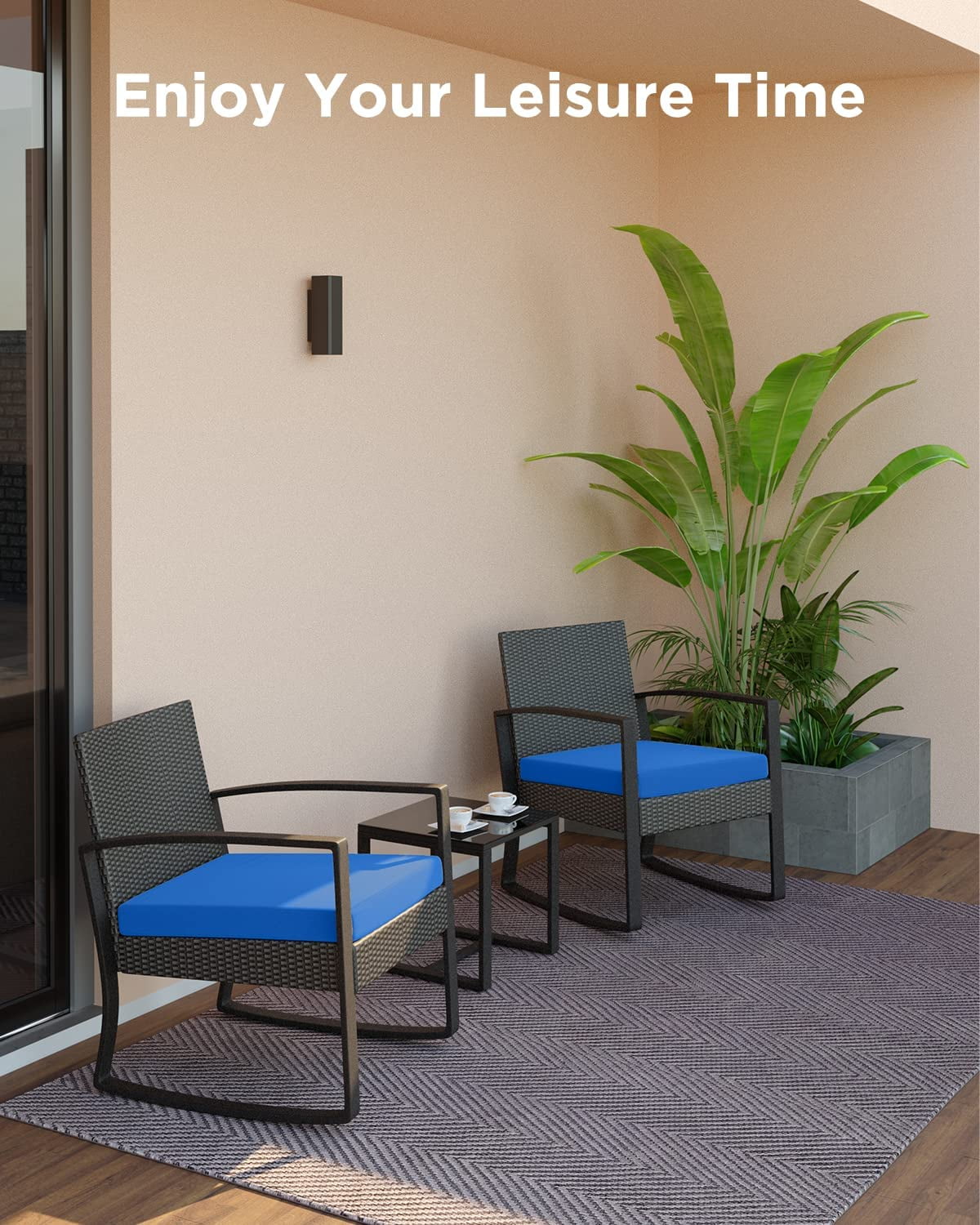 3 Piece Patio Bistro Set, Outdoor Furniture Rocking Chair Set with Glass Table, Beige Cushion