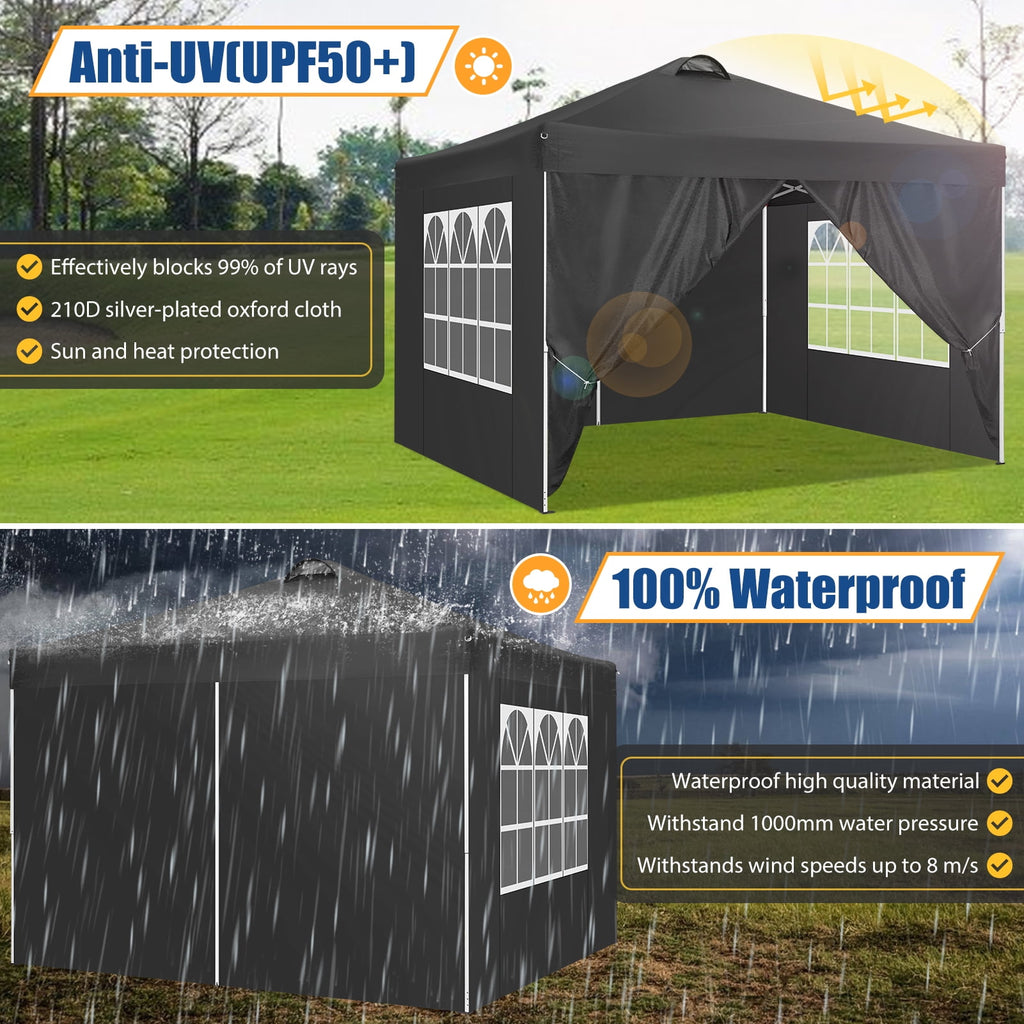 10'x10' EZ Pop Up Canopy with Top Vent, Large Commercial Tent, Waterproof and Sunproof with 4 Removable Sidewalls, Suitable for Weddings come with 4 Sandbags (Black)