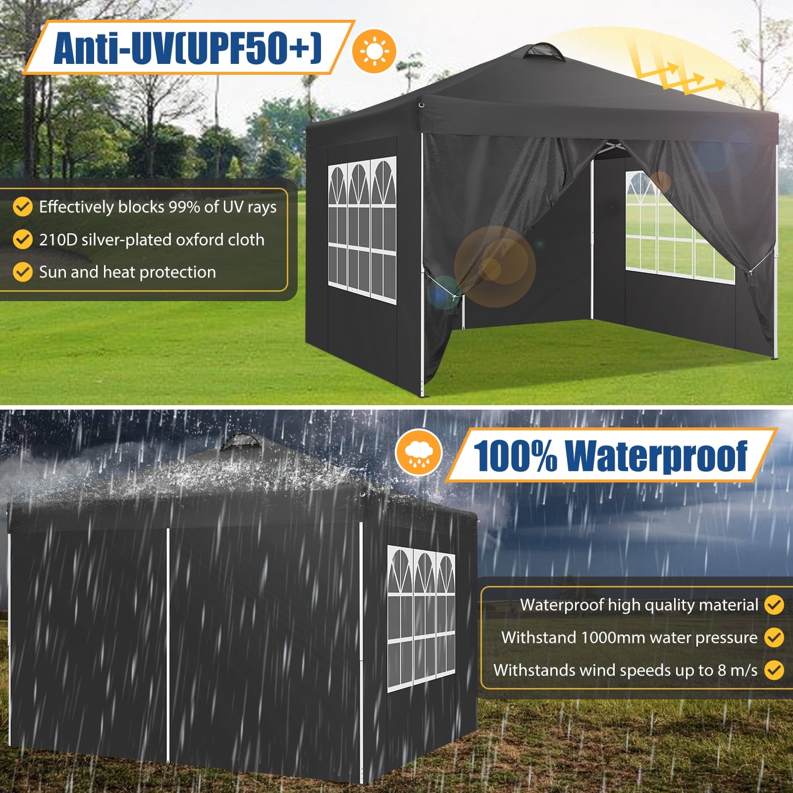 10'x10' EZ Pop Up Canopy with Top Vent, Large Commercial Tent, Waterproof and Sunproof with 4 Removable Sidewalls, Suitable for Weddings come with 4 Sandbags (Black)