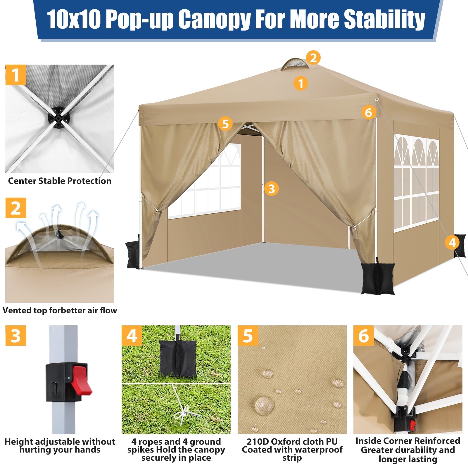 10'x10' EZ Pop Up Canopy with Top Vent, Large Commercial Tent, Waterproof and Sunproof with 4 Removable Sidewalls, Suitable for Weddings come with 4 Sandbags (Black)