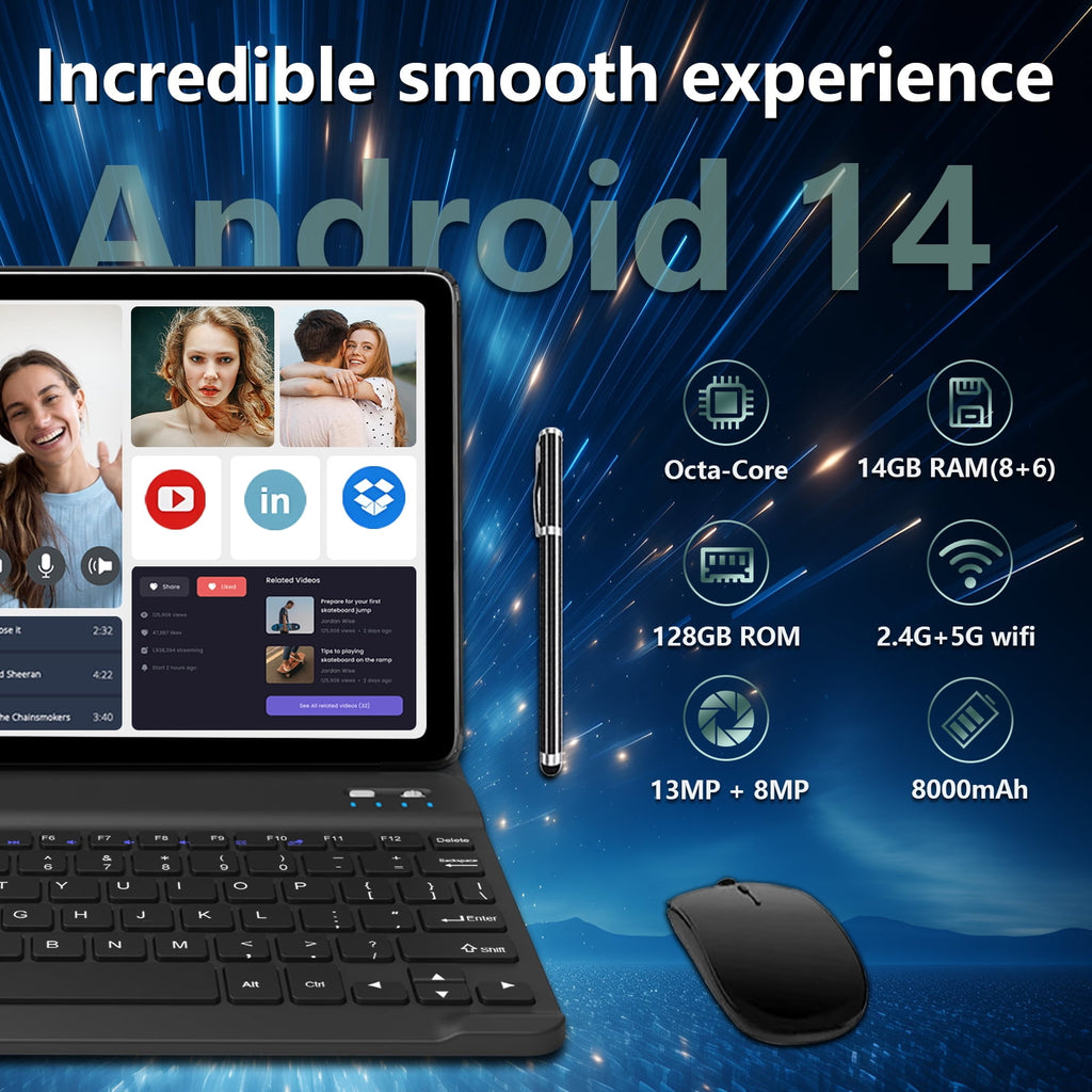 Android 14 Tablet,128GB ROM 1TB Expand,HD IPS Touchscreen, 5G/2.4G WiFi, Bluetooth 5.0, GPS, 4G Phone Tablet,2024 Newest