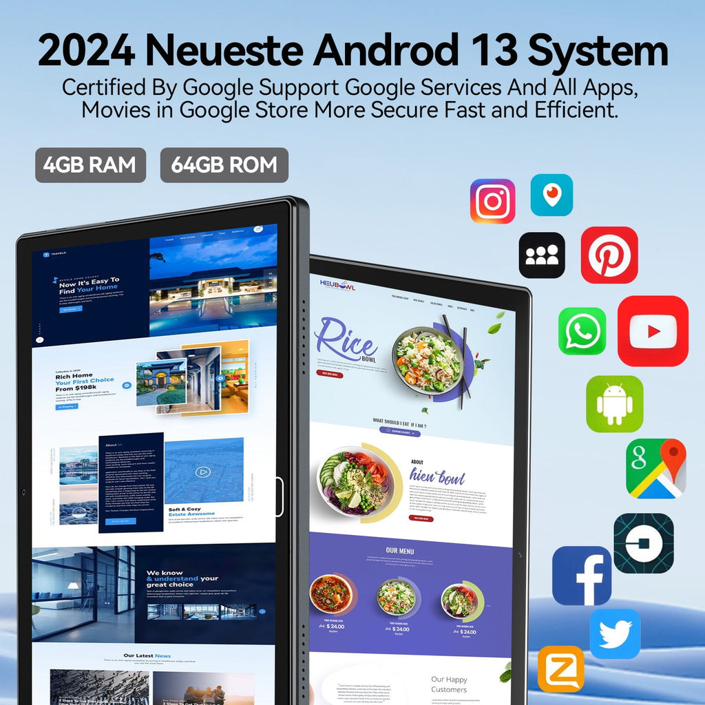 Android 13 Tablet 10.1" Android Tablet, 4gb+64gb Storage Tablet with Keyboard, Google GMS Certified, Dual 13MP+5MP Camera, WiFi, Bluetooth, GPS, IPS Full HD Display