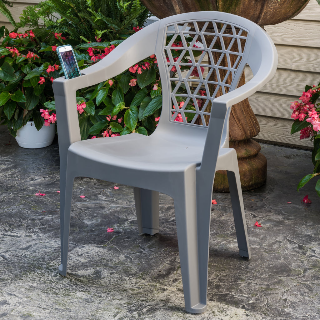 Adams Penza Outdoor Resin Stack Chair with Phone Holder, Plastic Patio Furniture, Gray