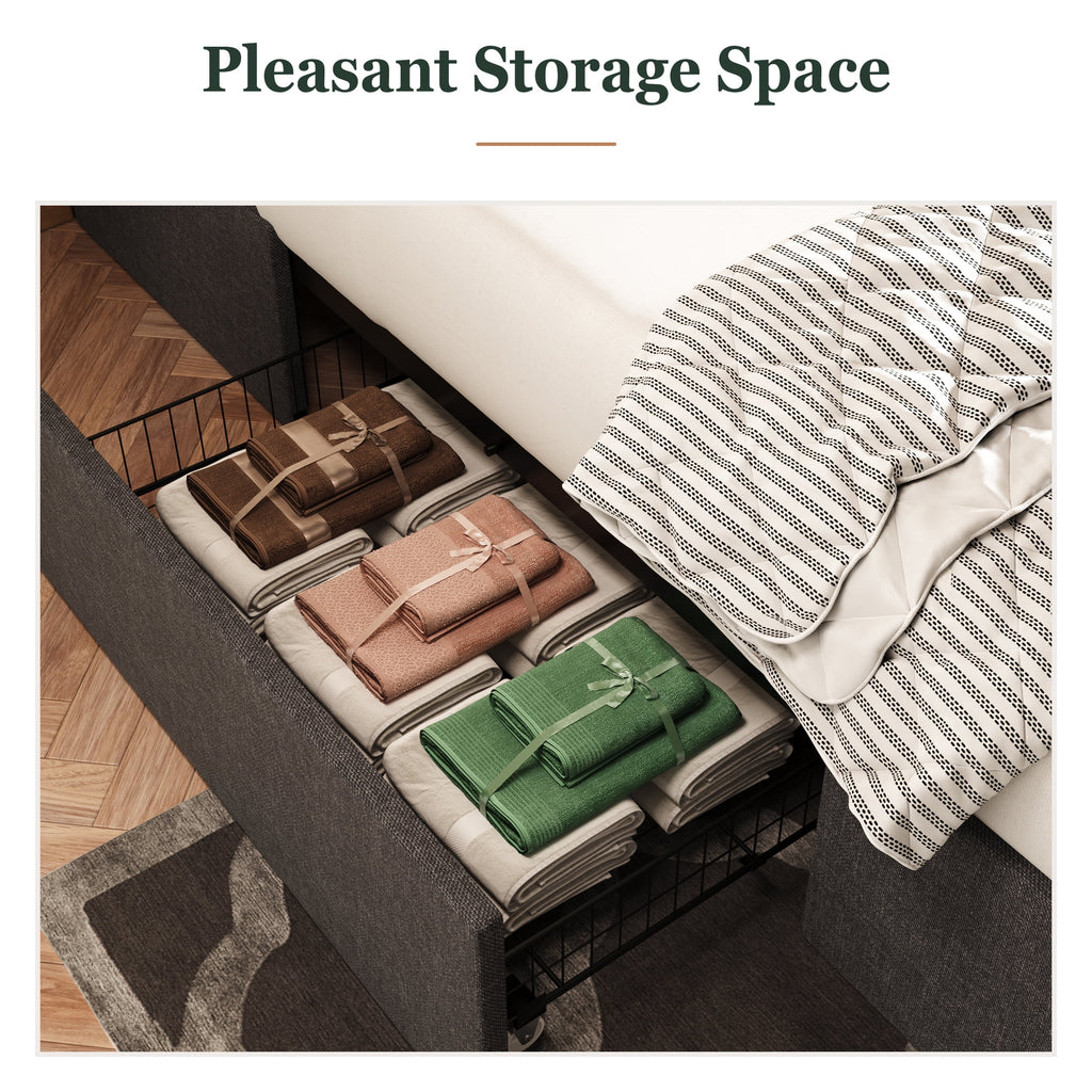 Amolife Queen Size Upholstered Platform Bed Frame with 3 Storage Drawers and Wooden Slats, Dark Gray