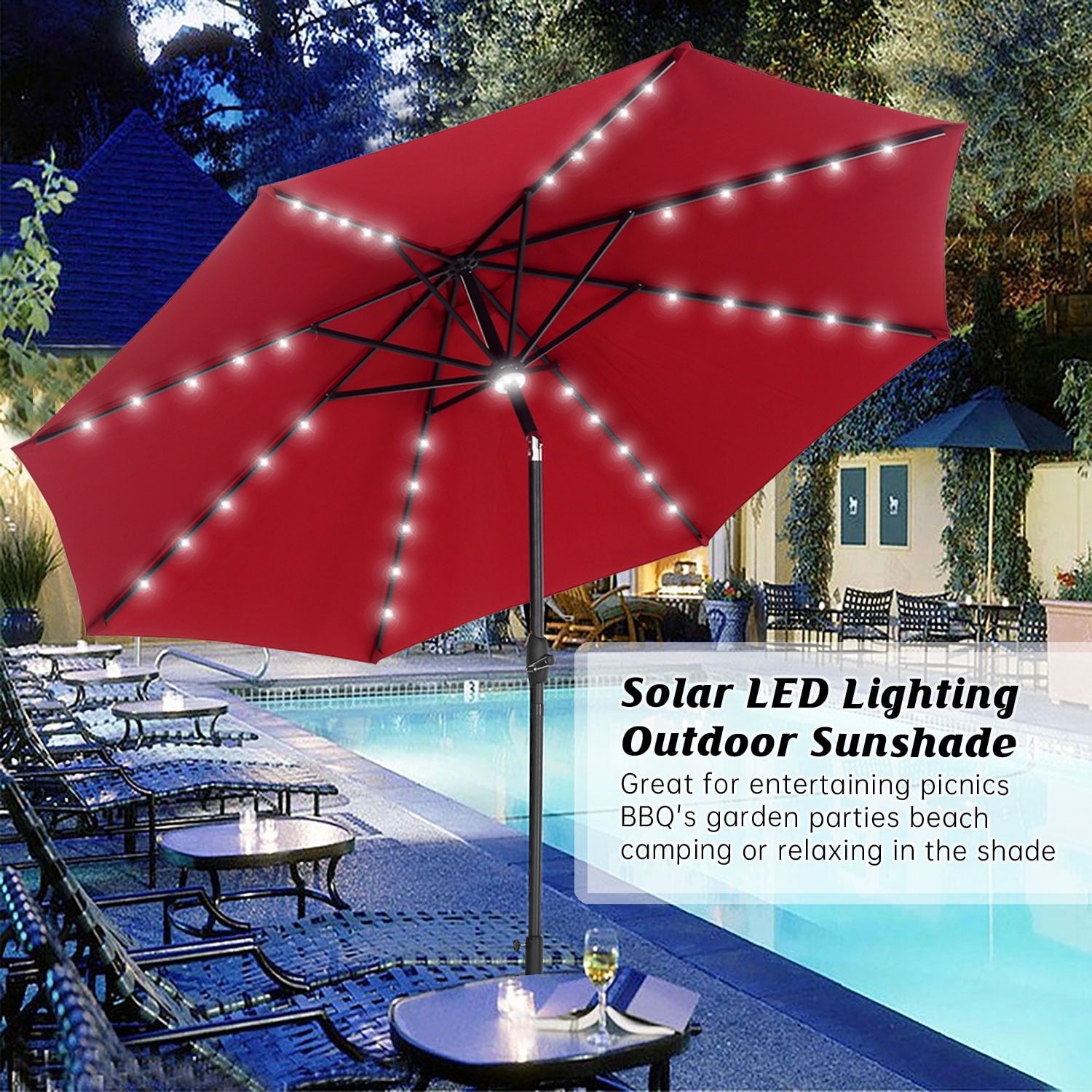 Autlaycil 10 ft Solar Patio Umbrellas with 40 LED lights for Market Outdoor Pool, Steel Tilt Crank, Navy Blue