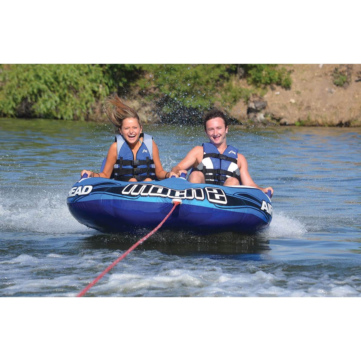 Airhead Mach 2 Two-Person Towable Boat Tube Float, Heavy-Duty Nylon, Blue