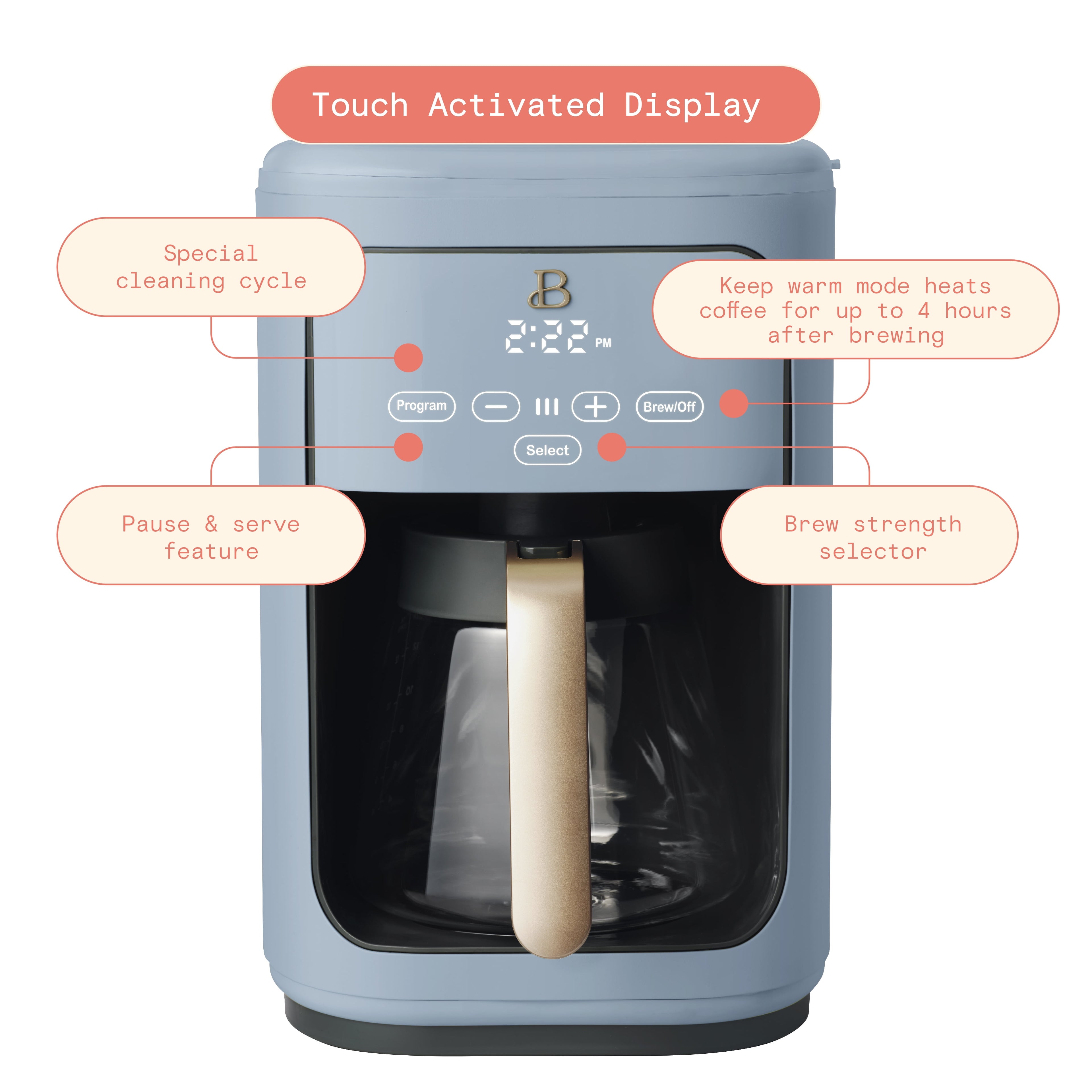 Beautiful 14-Cup Programmable Drip Coffee Maker with Touch-Activated Display, White Icing by Drew Barrymore