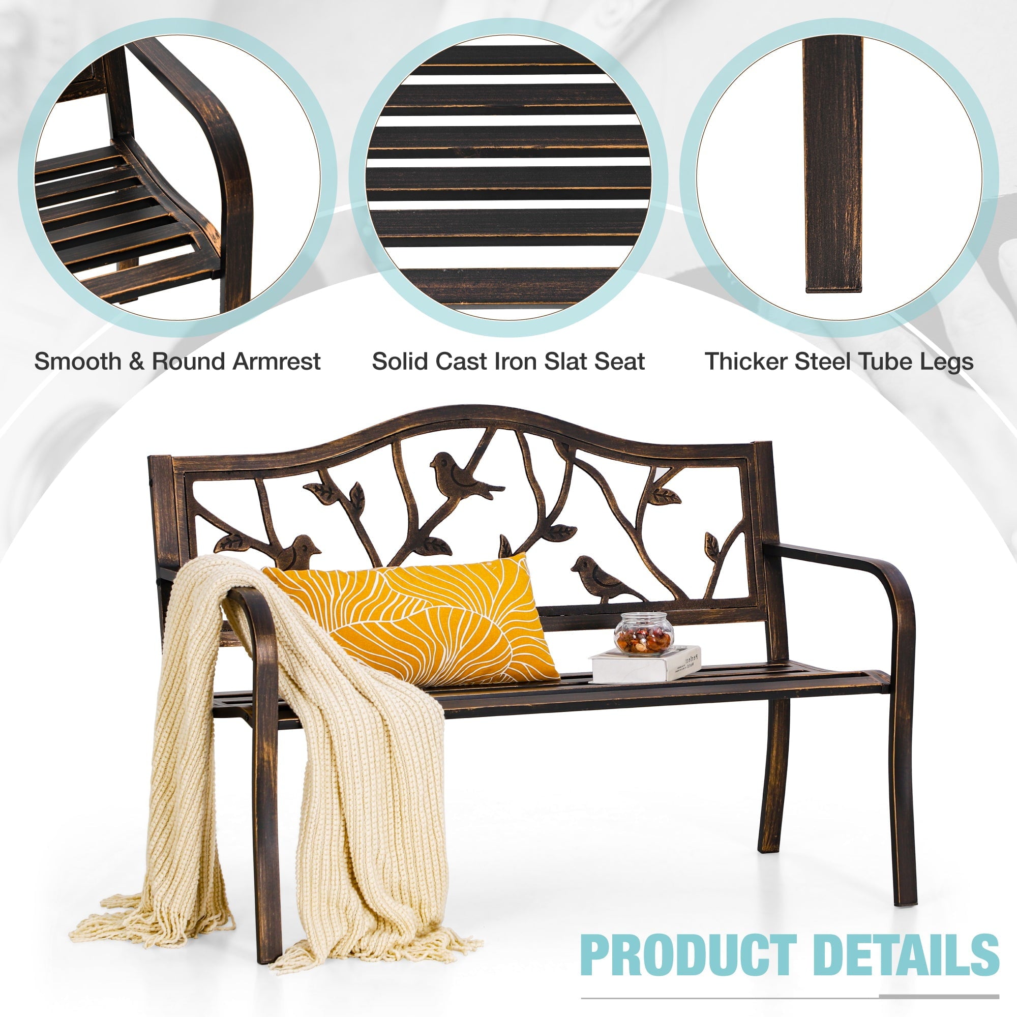 Alpha Joy 50” Outdoor Metal Patio Garden Bench for Lawn, Park, Deck - Red Bird