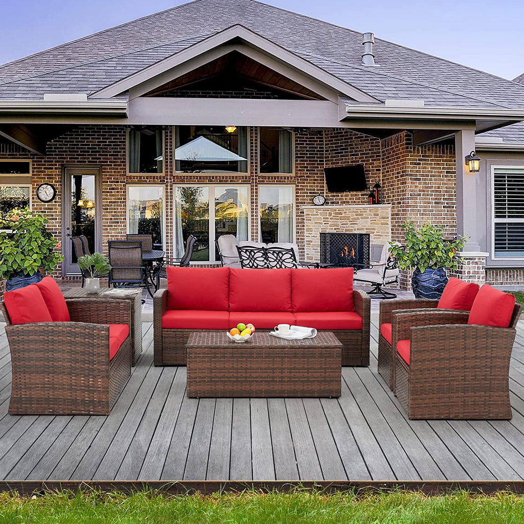 AECOJOY 6 Pieces Outdoor Furniture Set , Patio Rattan Wicker Sectional Sofa Conversation Set, Beige