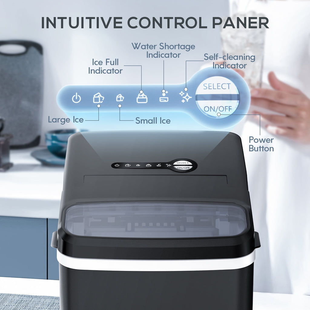 Auseo Portable Ice Maker Countertop, One-Click Operation Ice Makers with Ice Scoop and Basket, for Kitchen/Office/Bar/Party-Black