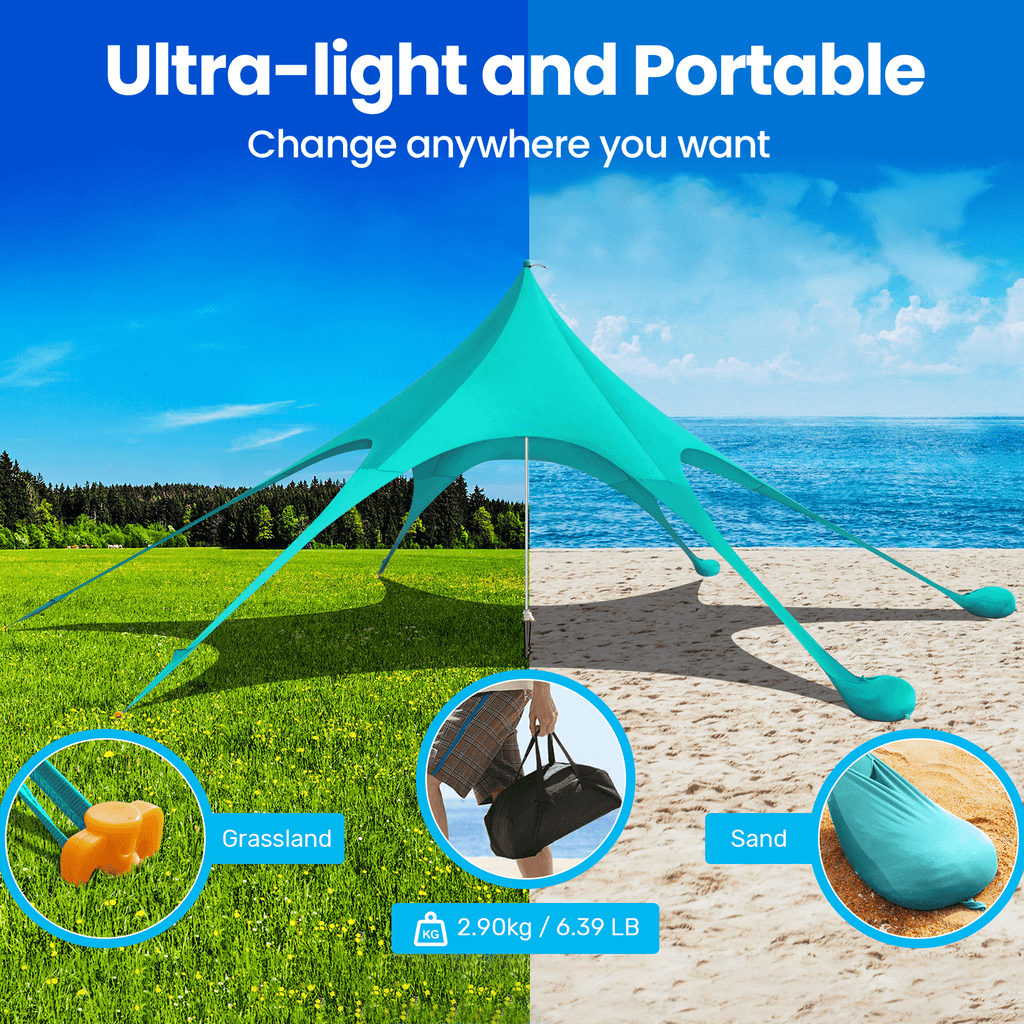 Beach Canopy Tent Sun Shade, VECUKTY 12x12 FT Beach Tent Sun Shelter UPF 50+ UV Protection with Sandbags , 1 Stability Poles and Ground Pegs and Anti-Wind Ropes,Blue