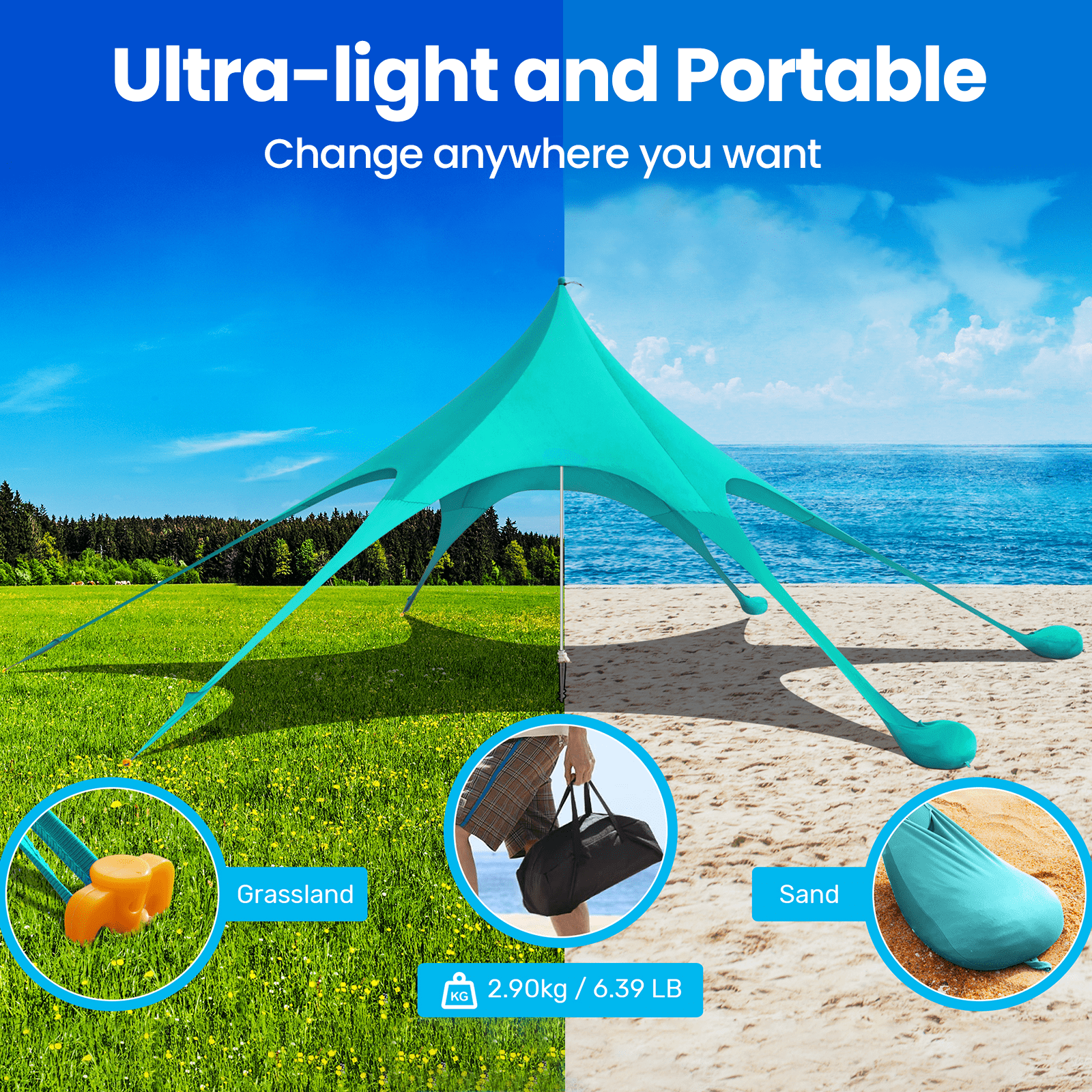 Beach Canopy Tent Sun Shade, VECUKTY 12x12 FT Beach Tent Sun Shelter UPF 50+ UV Protection with Sandbags , 1 Stability Poles and Ground Pegs and Anti-Wind Ropes,Blue