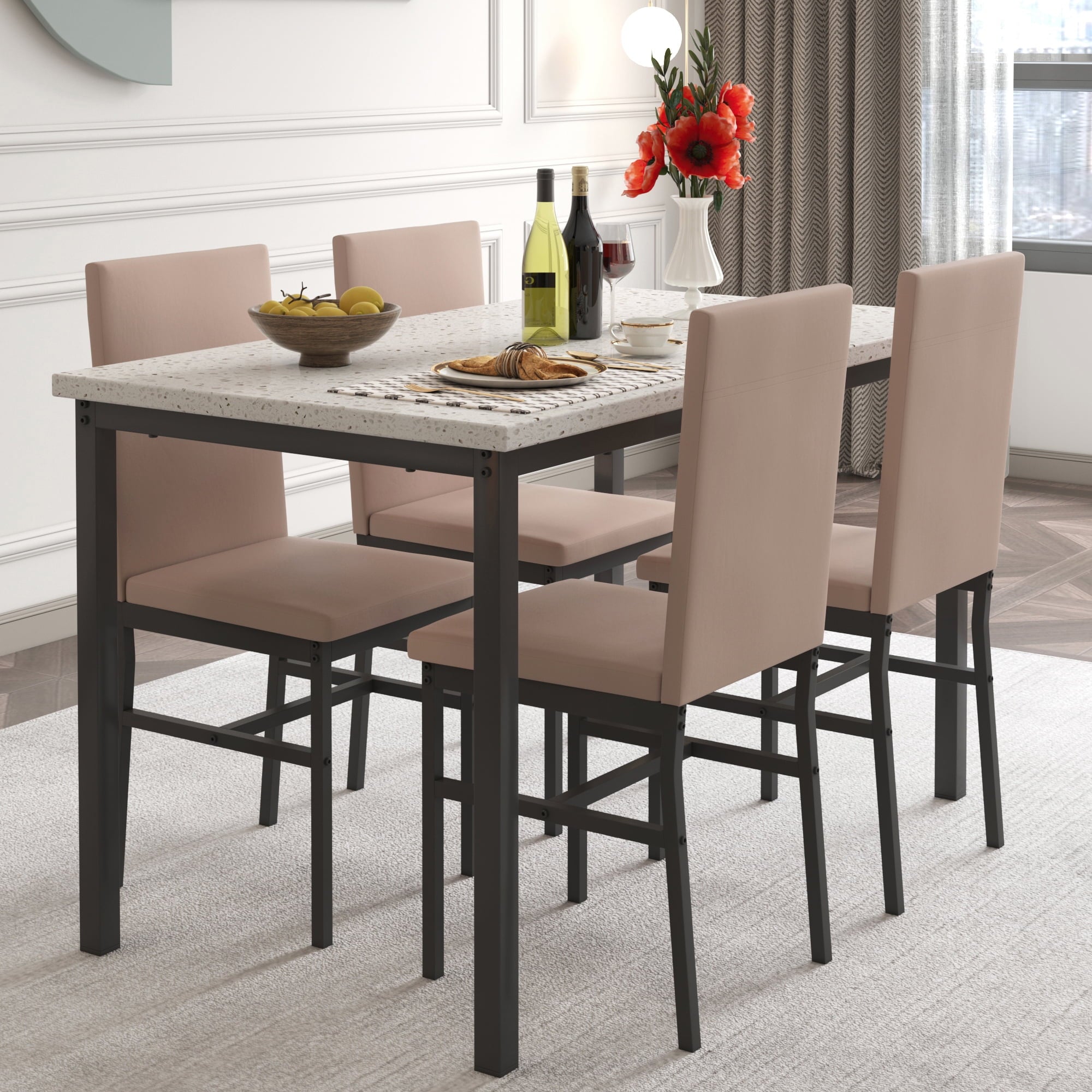 5 Piece Dining Table Set, Modern Faux Marble Tabletop and 4 PU Leather Upholstered Chairs, Rectangle Kitchen Table and Chairs for 4 Persons, Small Dining Set for Bar Dining Room Breakfast Nook