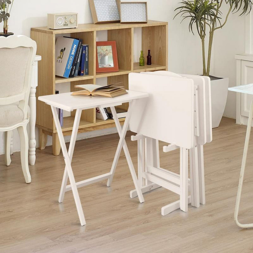 5 Piece TV Tray Table Set in White (4 Trays, 1 Stand)