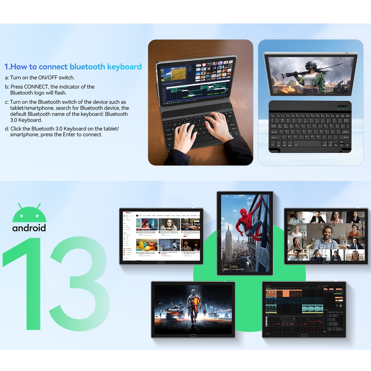 Android 13 Tablet 10.1" Android Tablet, 4gb+64gb Storage Tablet with Keyboard, Google GMS Certified, Dual 13MP+5MP Camera, WiFi, Bluetooth, GPS, IPS Full HD Display